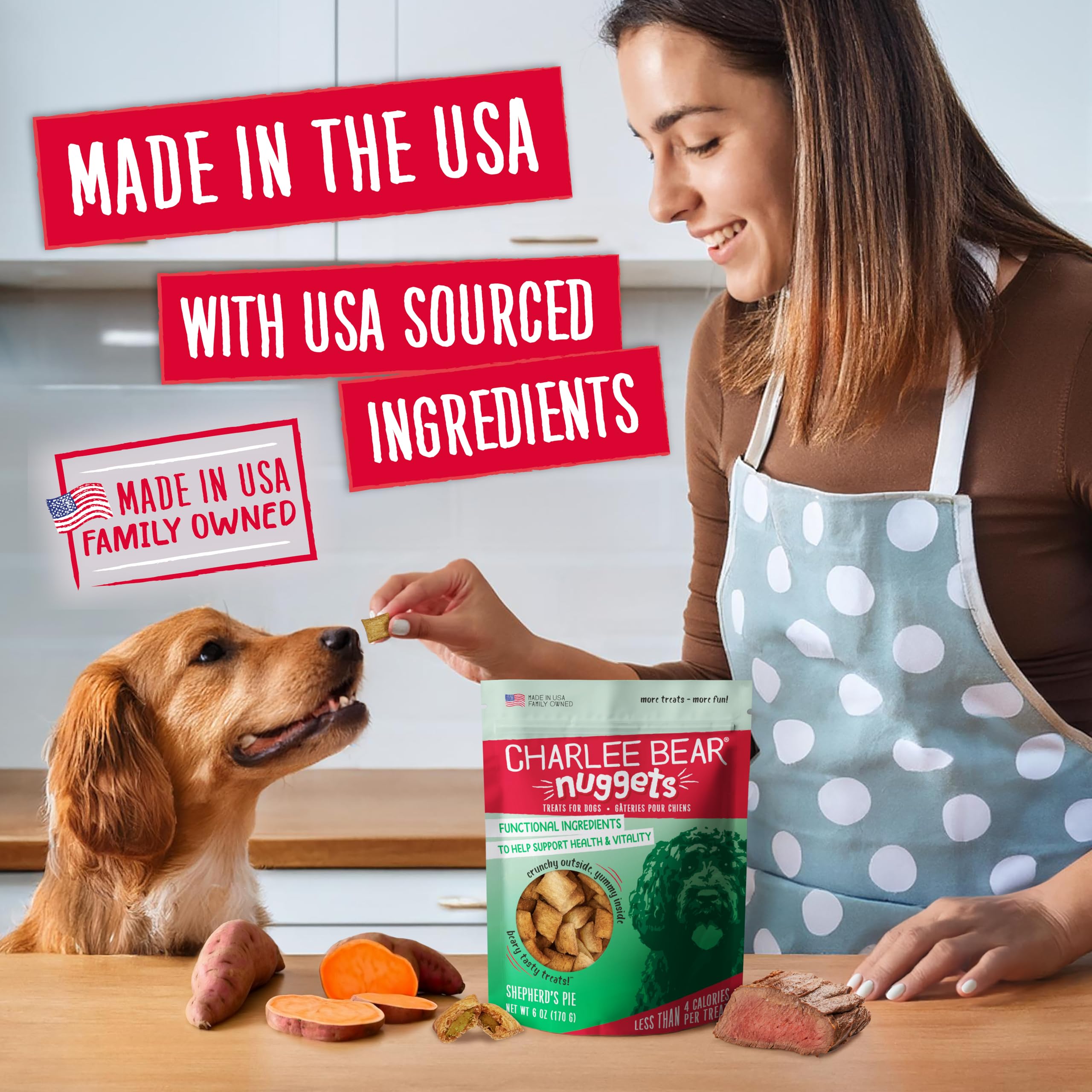 Charlee Bear Nuggets Crunchy and Soft Dog Treats, Shepherds Pie, 6 Ounce Resealable Bag, Health and Vitality Support, Grain Free