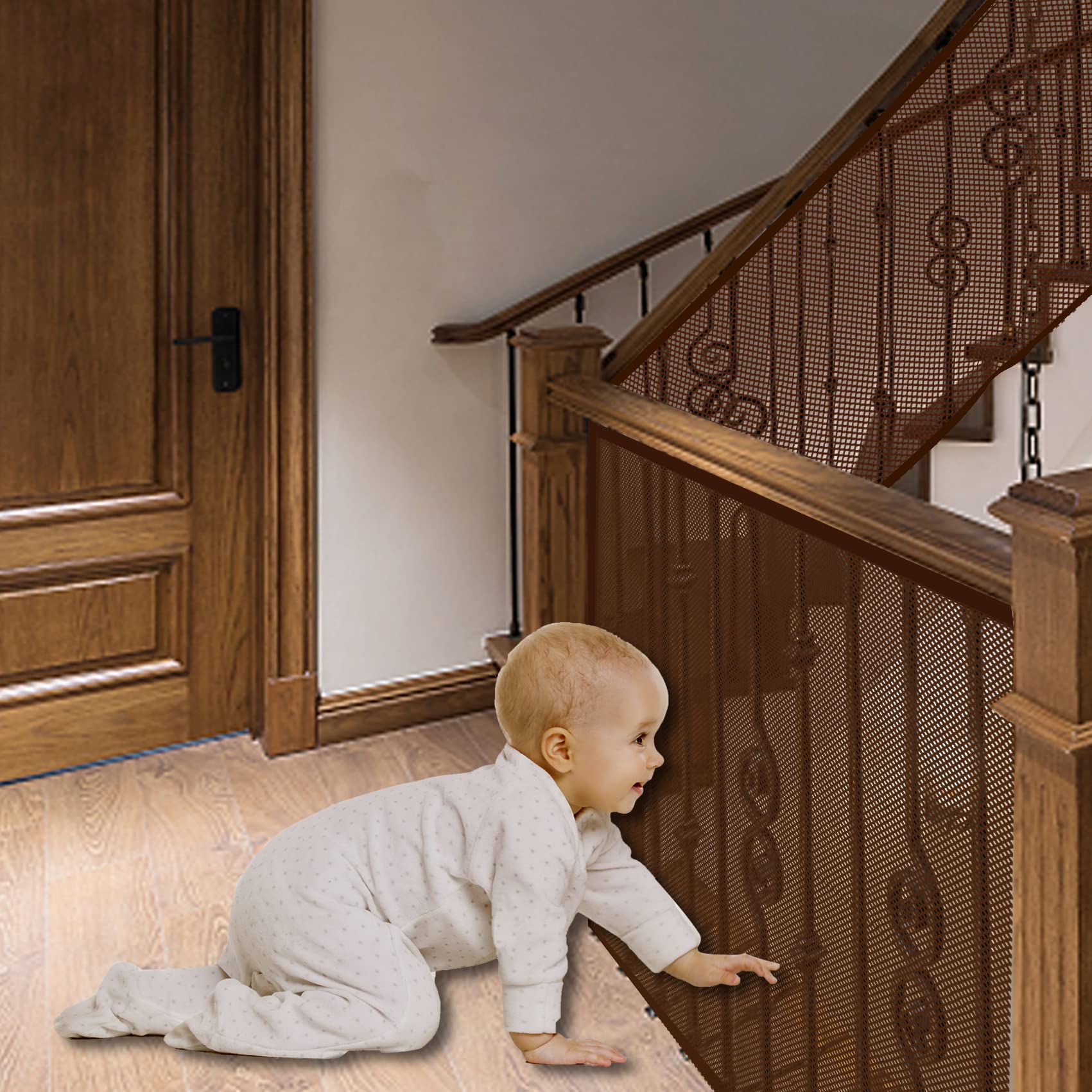Jiftok Baby Gate For Stairs, Banister Guard For Kids, Pets, Toys, 10Ft L X 2.66 Ft H, Mesh Netting Safety Net For Balcony Rail Stair, Stairway Net Baby Safety Products For Indoor & Outdoor (Brown)