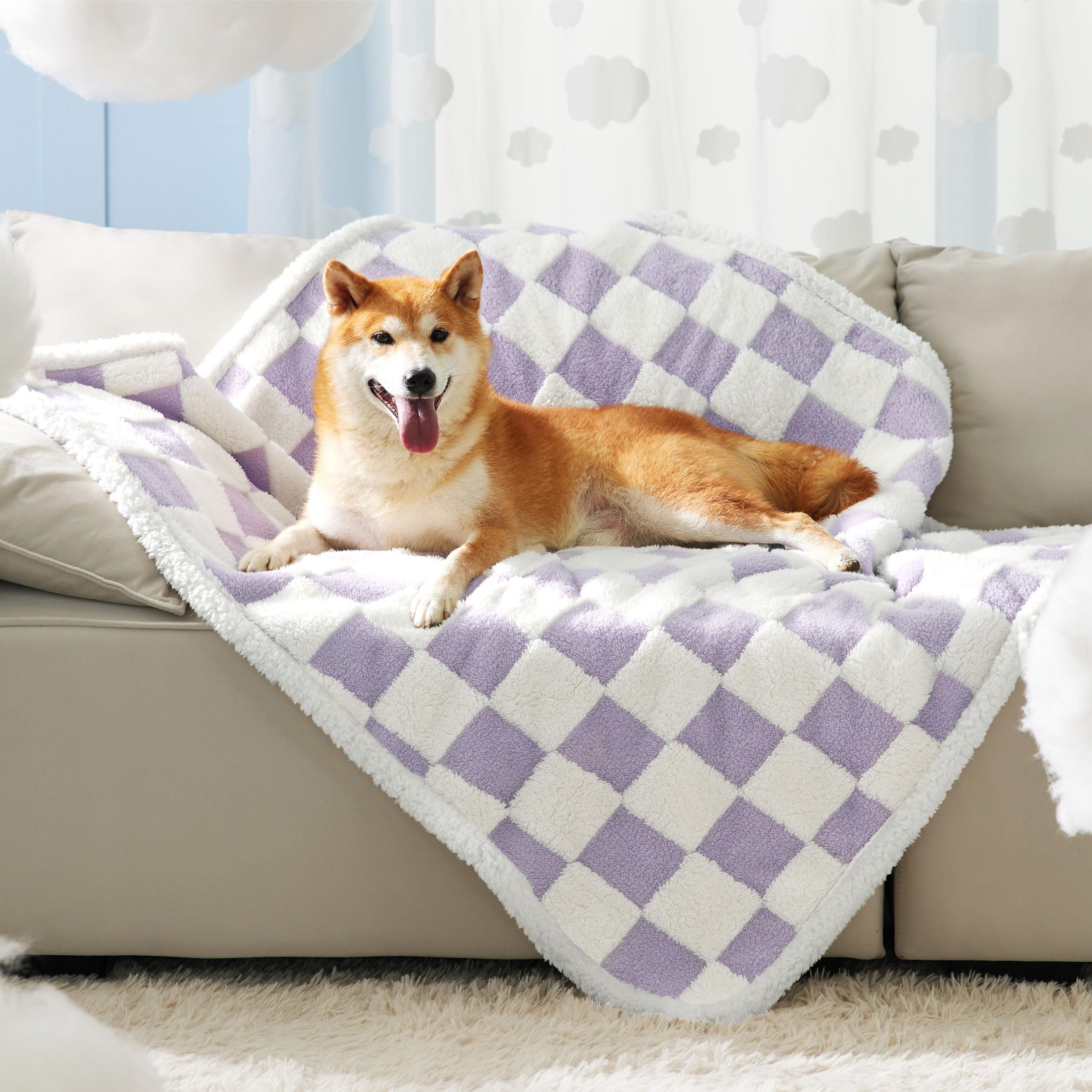 Lesure Waterproof Dog Blanket For Large Dogs - Washable Double Sided Dog Blankets With Warm Jacquard Shag And Soft Sherpa Fleece, Pet Cat Blanket For Couch Protection, 3D Textured Checks, Purple