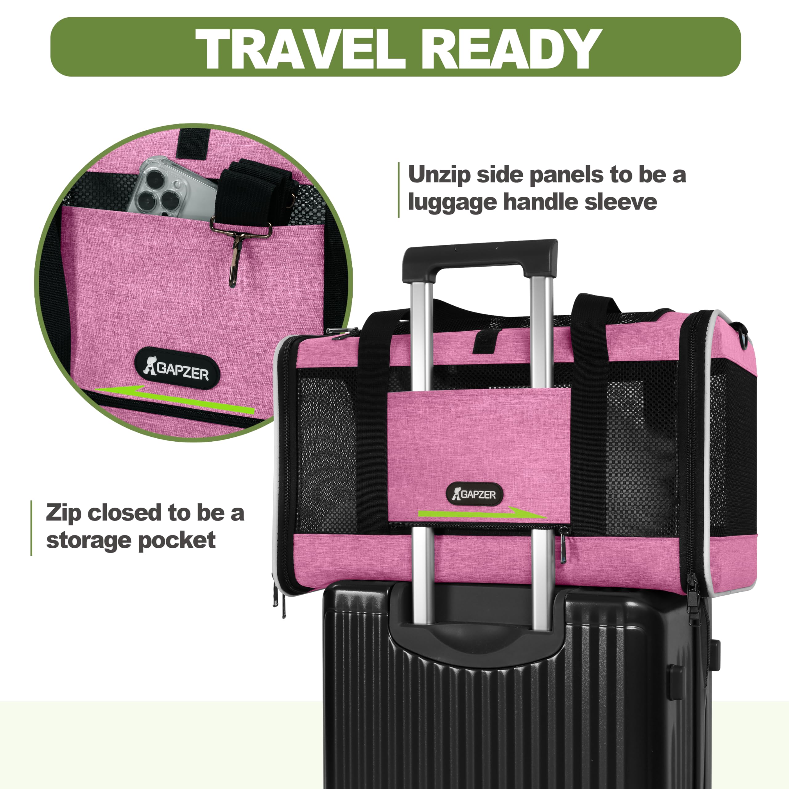 GAPZER Cat Carrier 18x11x11 Delta Airline Approved, Easy Load Soft Pet Plane Travel Bag 15 pounds, Teacup Dog Crate 12 lbs, York