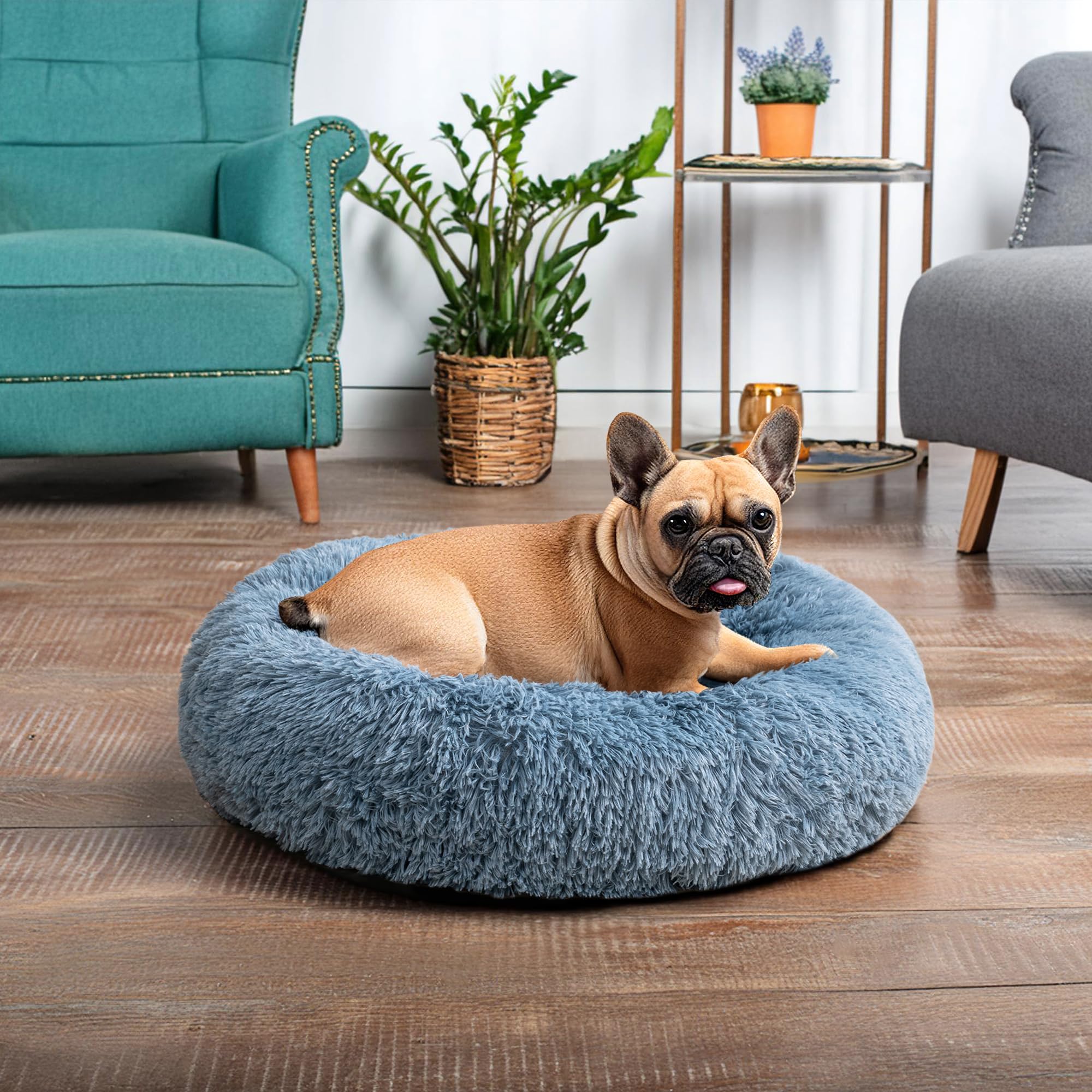 PetAmi Calming Dog Bed for Small Medium Dog Cat, Round Donut Washable, Fluffy Faux Fur Plush Cuddler Pet Kitten Cushion, Anti-Sl