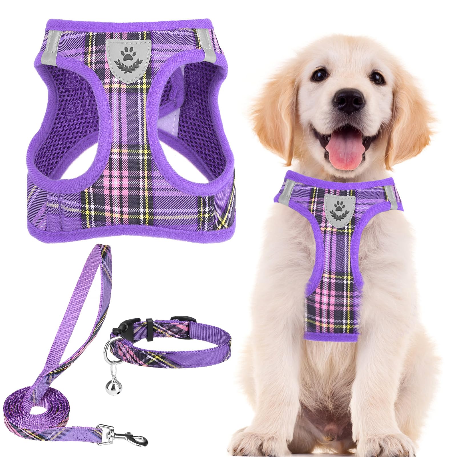 Pupteck Adjustable Dog Harness Collar And Leash Set Step In No Pull Pet Harness For Small Medium Dogs Puppy And Cats Outdoor Walking Running, Soft Mesh Padded Reflective Vest Harnesses, Purple L