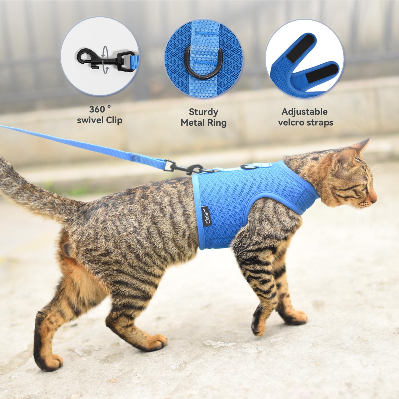 Cat Harness And Leash For Walking Escape Proof Breathable Mesh Fabric, Solid Blue, Medium, Adjustable Cat Walking Jackets, Padde