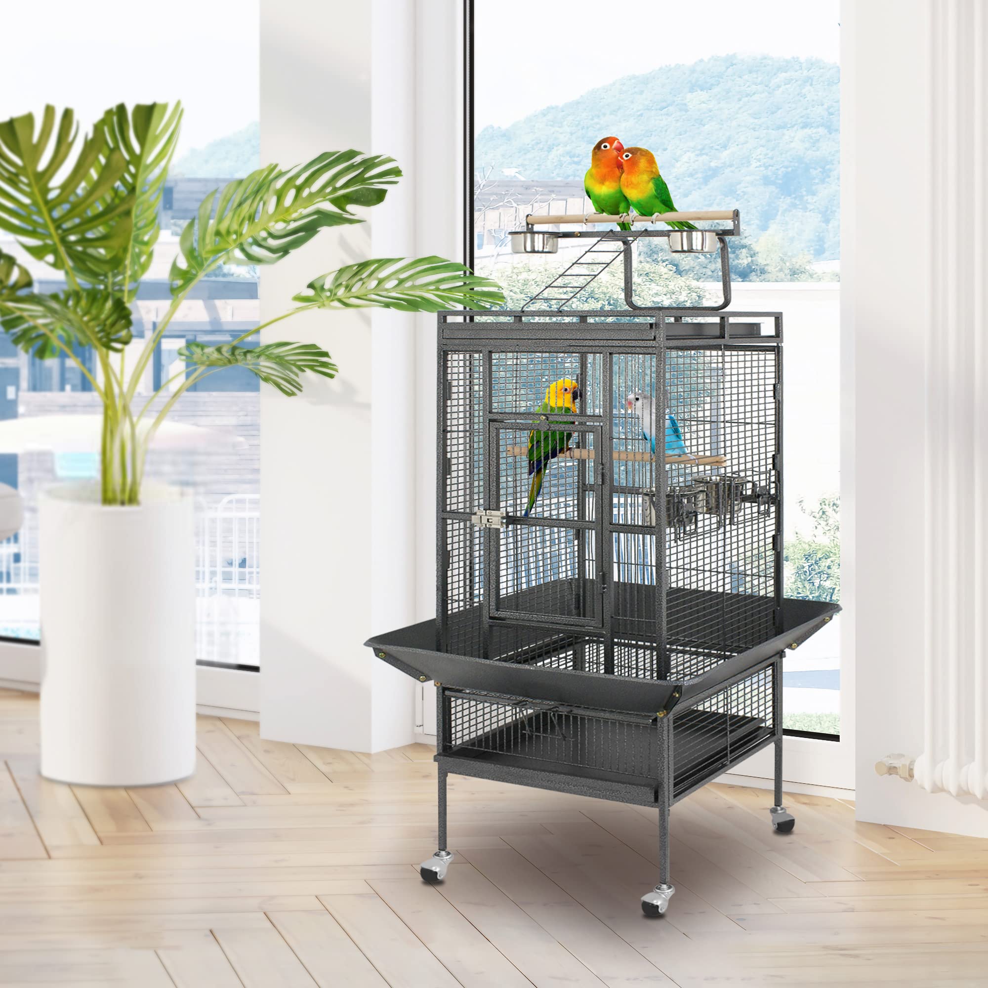 SUPER DEAL 61" 2-in-1 Large Wrought Iron Bird Cage with Rolling Stand - Black, Model 920 for Parrots, Finches, and Cockatoos