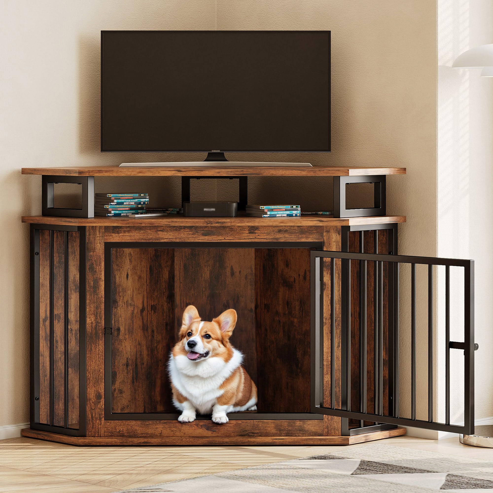 IRONCK 44 Corner Dog Crate with 2-Tier Shelves, Wooden Dog Kennel Furniture, Dog Kennel Indoor Furniture for Small and Medium Do