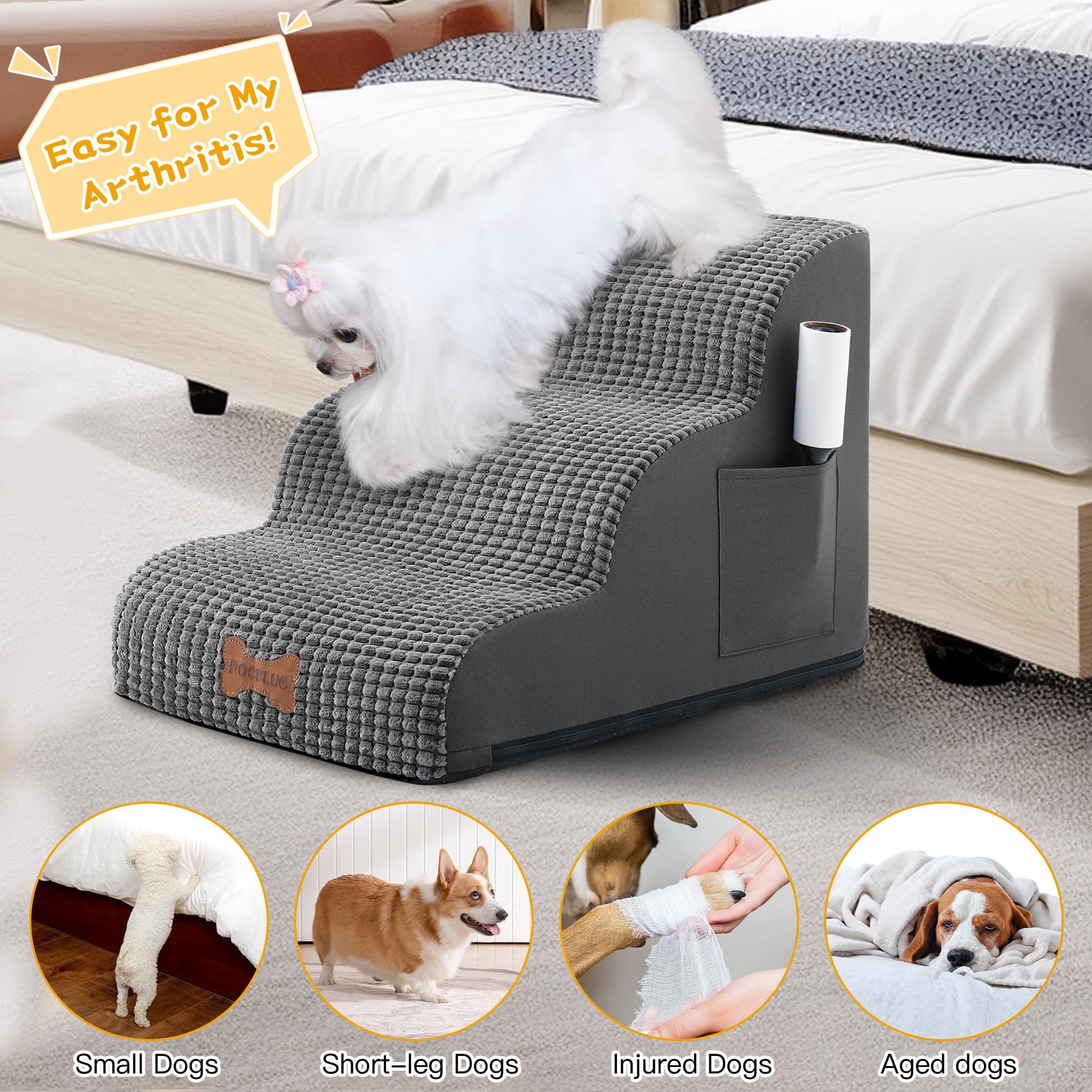 Dog Stairs For Small Dogs, Wide Pet Step With Removable Cover, No Assembly High Density Foam Cat Ramp For Bed Or Sofa, 5-Step, D