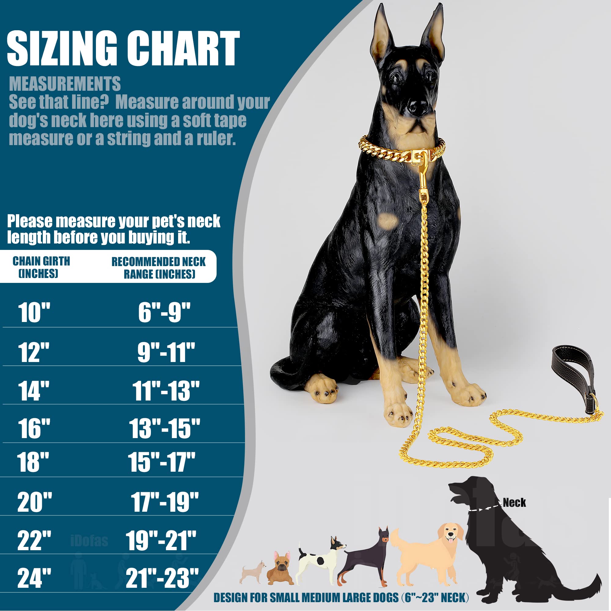 Idofas Dog Chain Collars Cuban Link Dog Collar Design Buckle With Bell & Dog Tag Stainless Steel Metal 10Mm Gold Silver Dog Coll