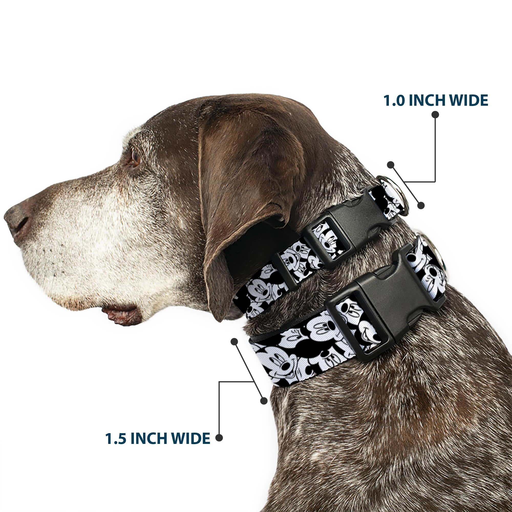 Buckle-Down Plastic Clip Collar - Mickey Mouse Expressions Stacked White/Black - 1.5 Wide - Fits 18-32 Neck - Large