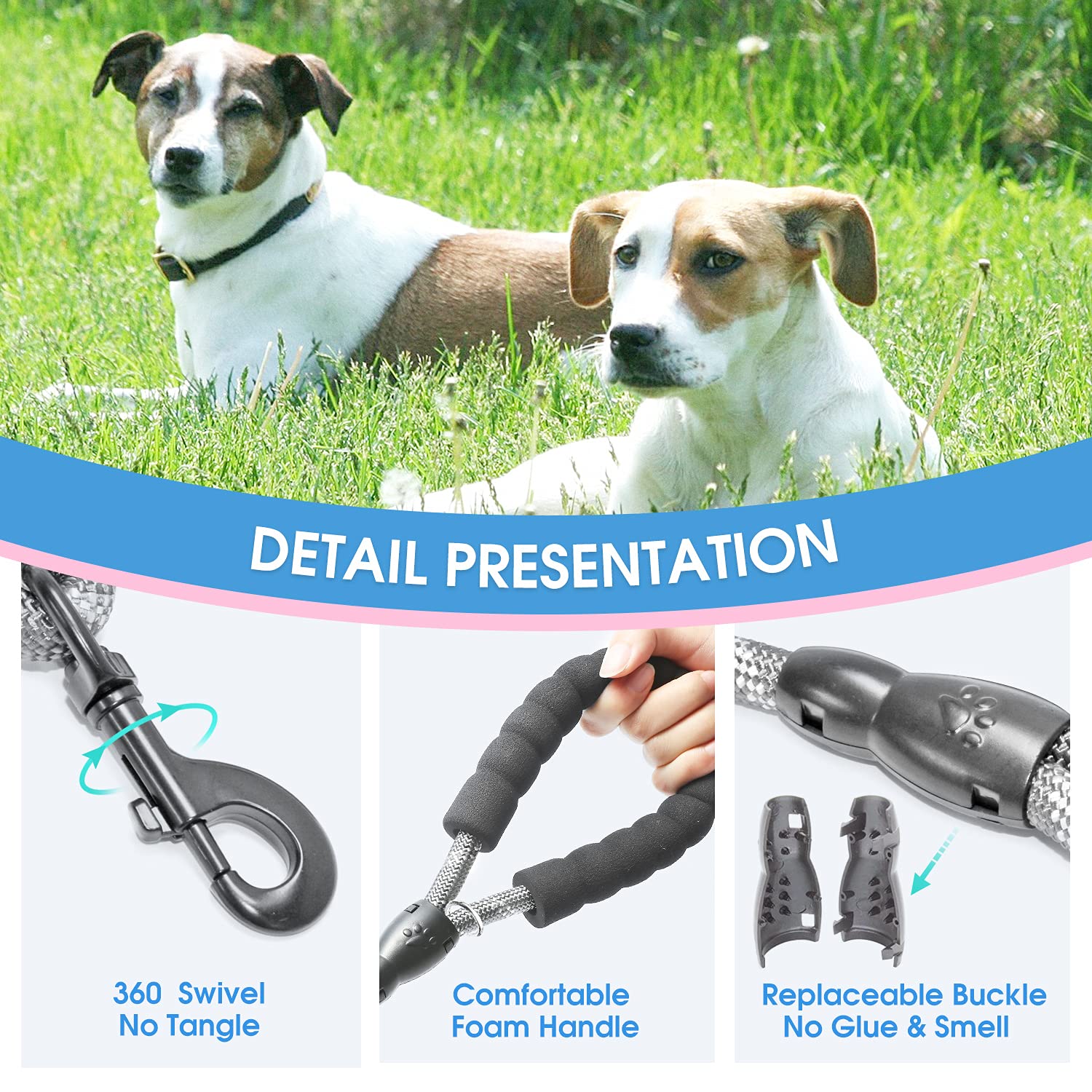 Baapet 2/4/5/6 Ft Dog Leash With Comfortable Padded Handle And Highly Reflective Threads For Small Medium And Large Dogs (2Ft-1/2'', Grey)