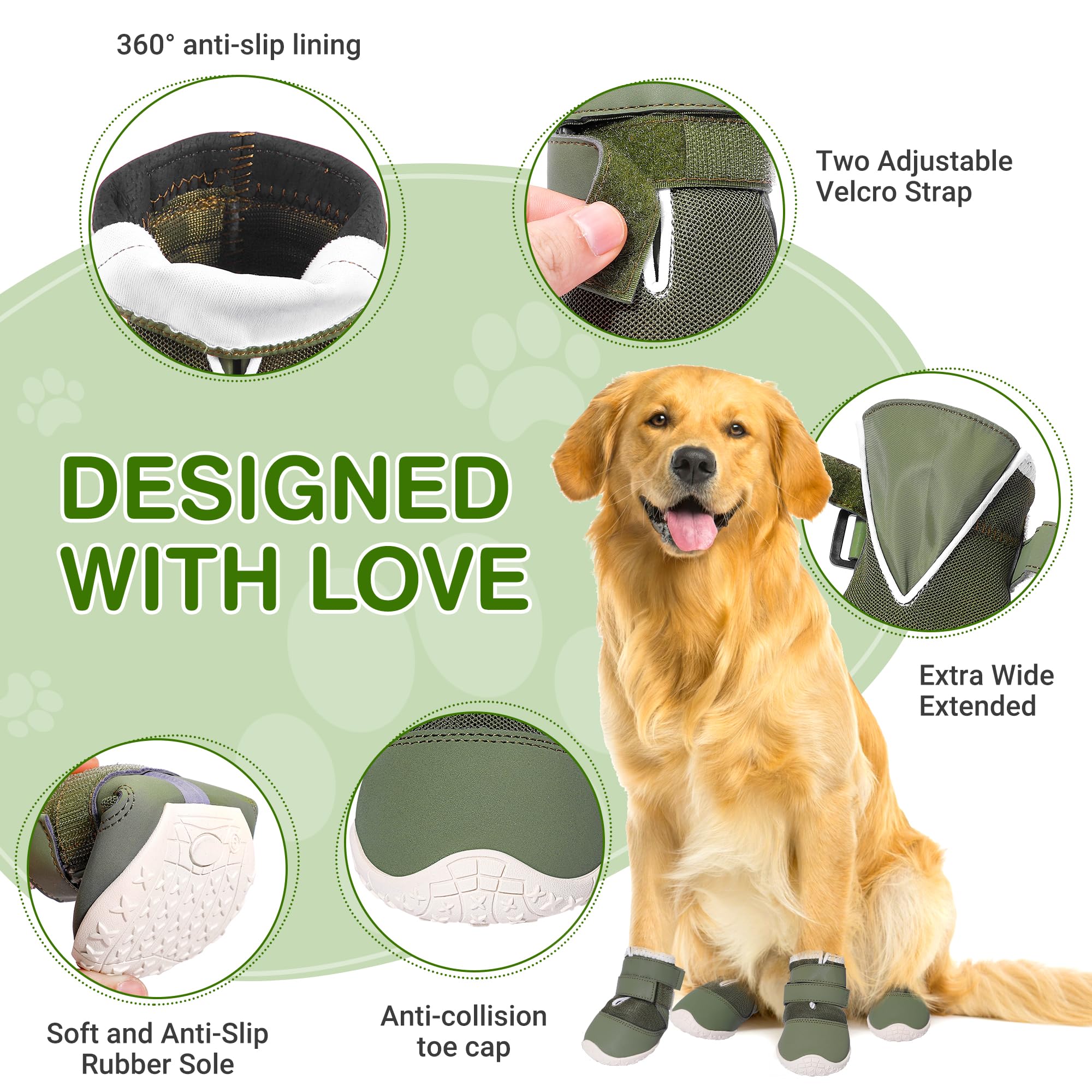 DcOaGt Dog Shoes for Large Dogs, Size 9, Green Mesh-Reflective, Anti-Slip Booties for Summer & Winter, Model 001, Pack of 4