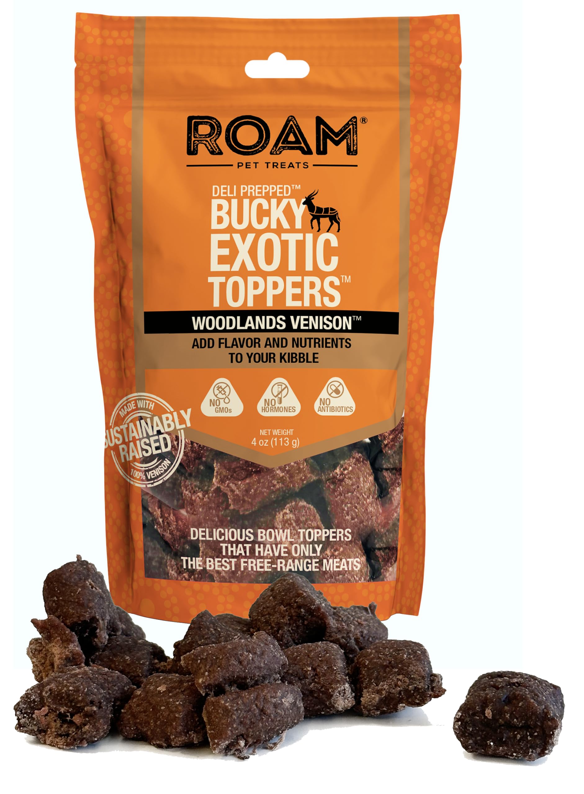 ROAM Pet Treats Bucky Exotic Dog Topper, Venison Dog Treats - Single Protein, Sustainably Raised Venison Meat Dog Food Topper - 