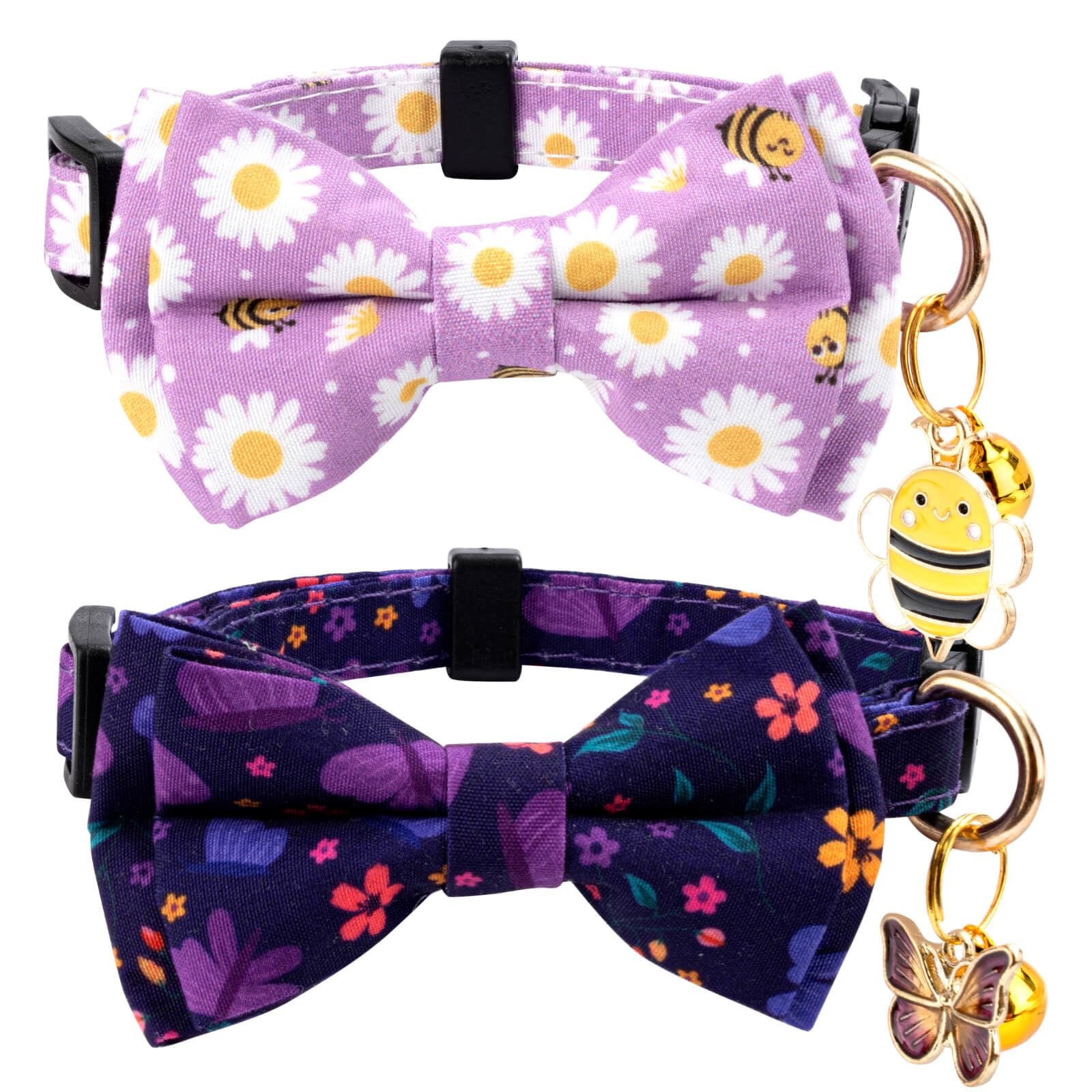 Gelwoo 2 Pack Cotton Cat Collar With Bow Tie And Bell For Male Female Cats,Soft Fancy Breakaway Kitty Kitten Collar With Bee And