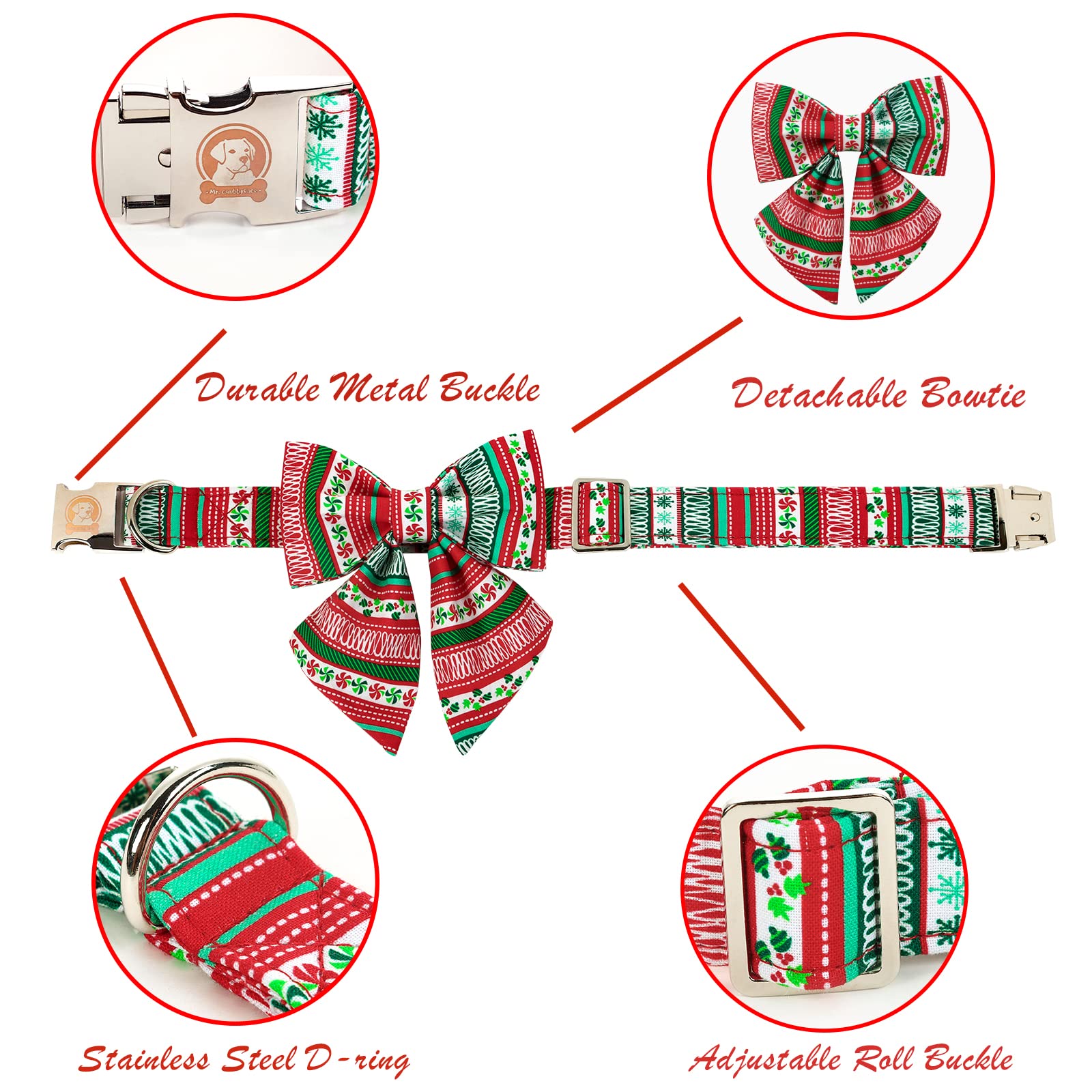 Mr. Chubbyface Christmas Plaid Dog Collar For Boy Girl Dogs Adjustable Red Green Dog Collar Sailor Bow Tie For Small Medium Larg