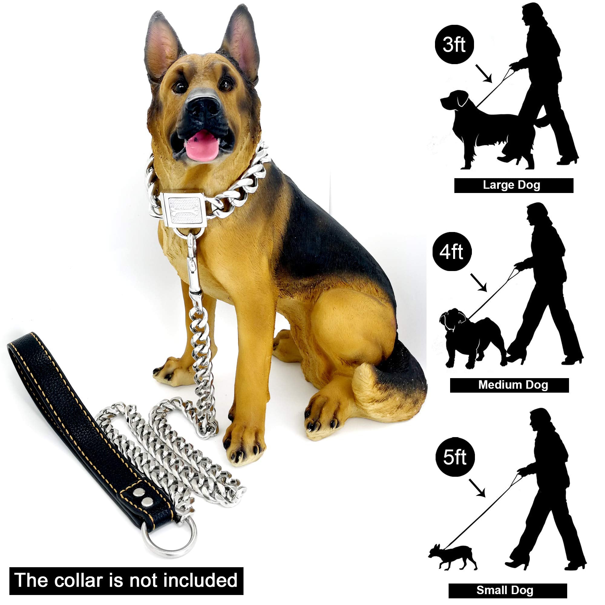PRADOG Chain Dog Leash Metal Chew Proof 15MM Heavy Duty Pet Leash Chain with Leather Padded Handle for Large Medium Small Dogs(T