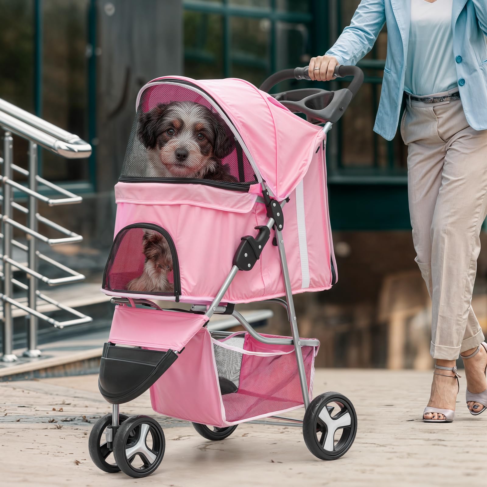 Magshion 3 Wheel Foldable Waterproof Premium Quality Pet Cat Dog Stroller Travel Carrier Light Weight with Storage Basket Cup Ho