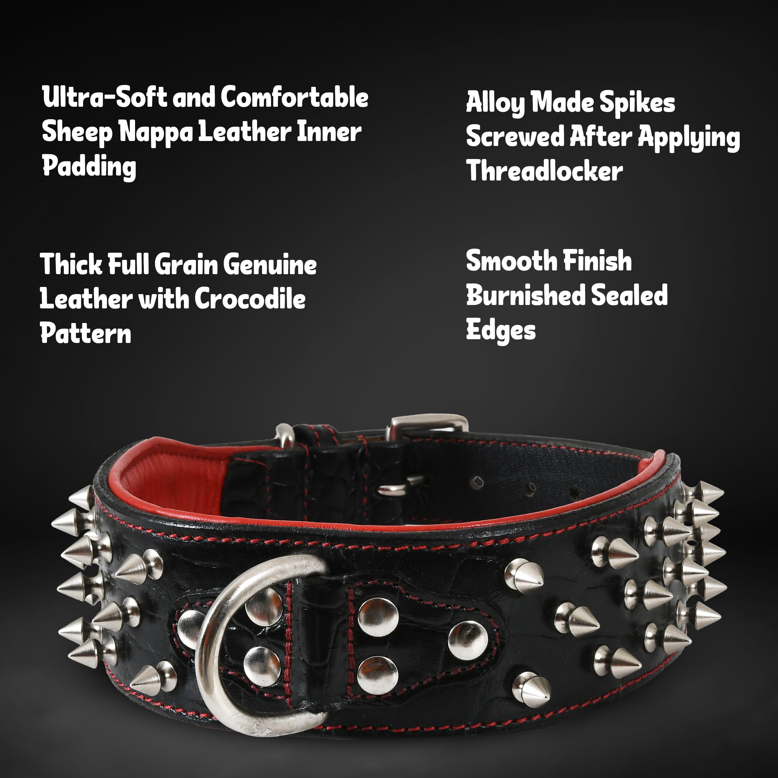 Dowgclub Premium Genuine Leather Spike Dog Collar, Crocodile Pattern, Gator Design | Full Grain, Heavy Duty, Exotic, Distinguish
