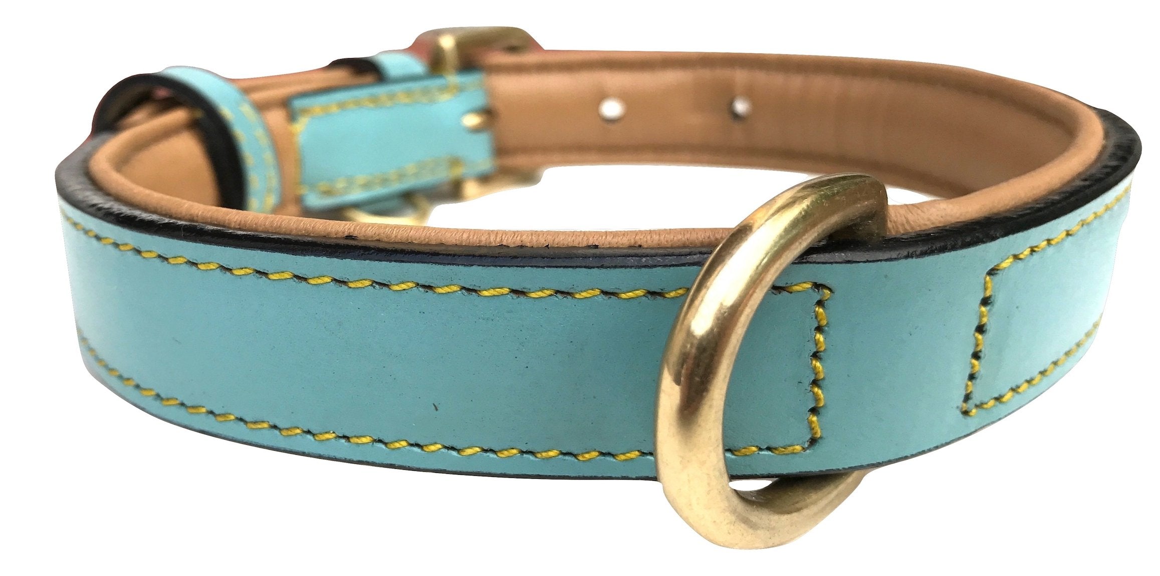 Soft Touch Collars Leather Dog Collar Padded, Turquoise With Beige Padding, Medium Size