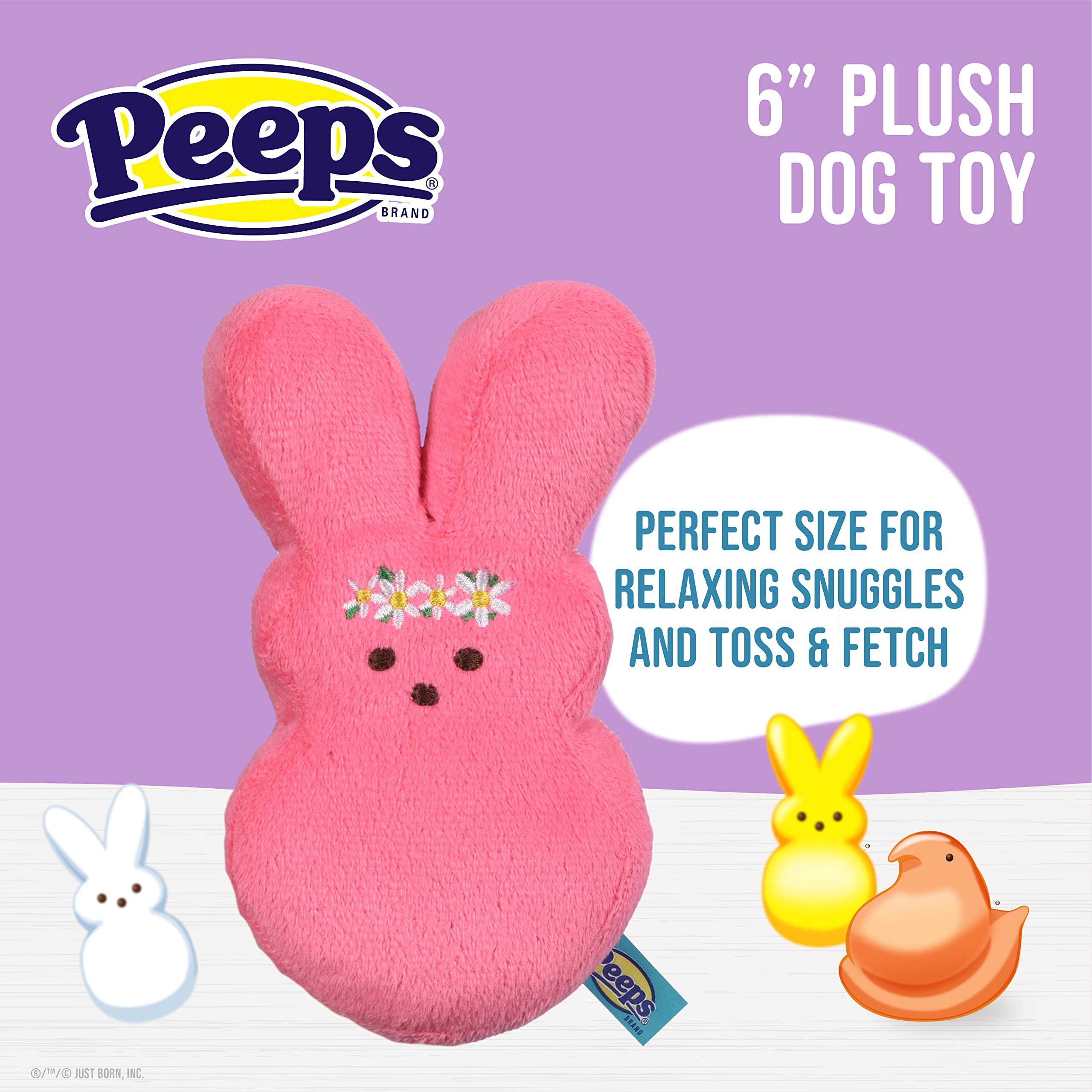 Peeps Plush Bunny Dog Toy, Medium 6 Inch, Pink Flower, Soft & Cuddly, Squeaky for Easter & Everyday Fun
