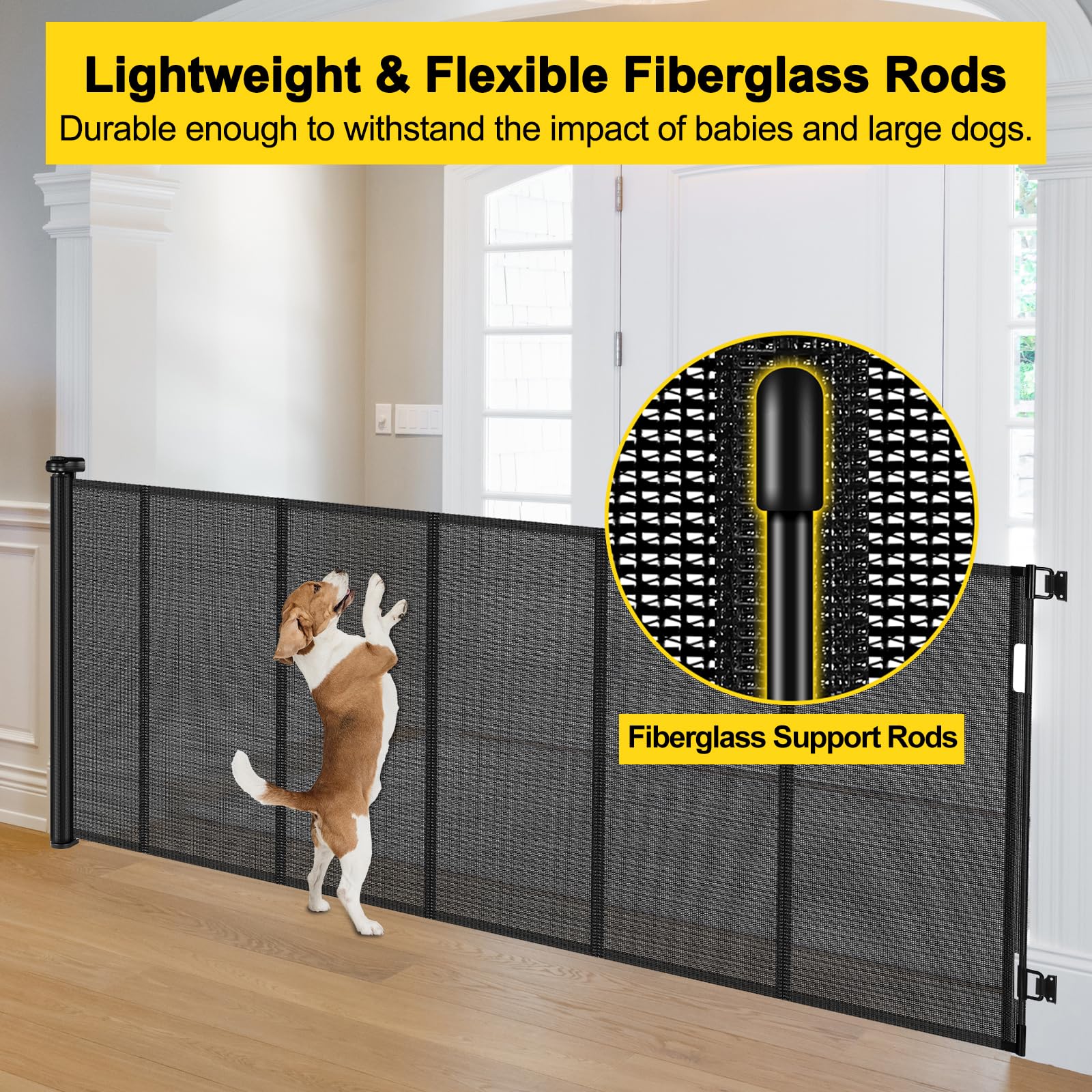 Bingguz Retractable Baby Gate - Reinforced 42" Tall x 80" Wide, Black, Extra Tall Pet Gate for Large Openings, Model C-33
