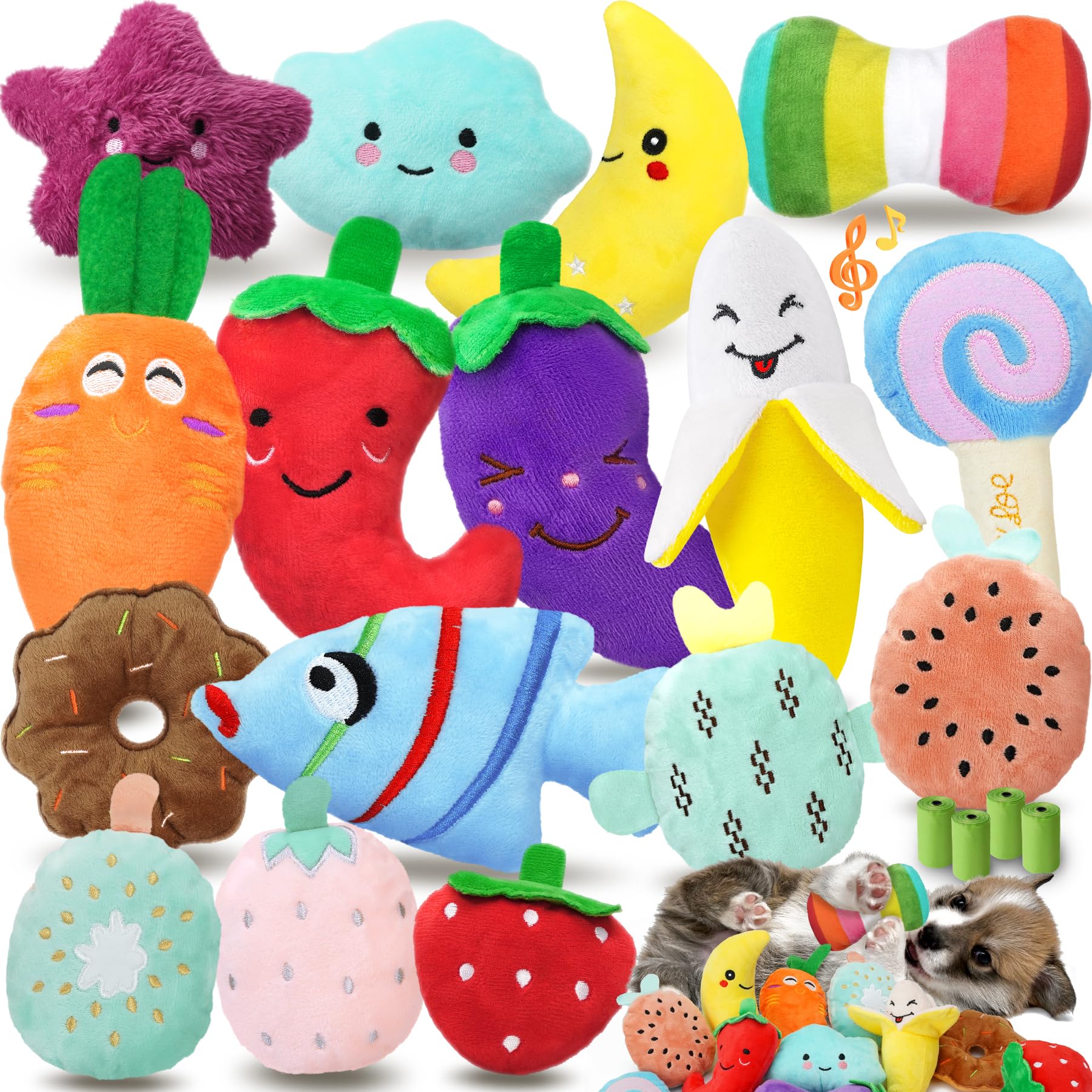 Qtwoof Charming Chorus 20-Pack Squeaky Toys Set - 4 Bags, Plush Puppy Toys With Cute Characters For Small Dogs, Interactive Sque