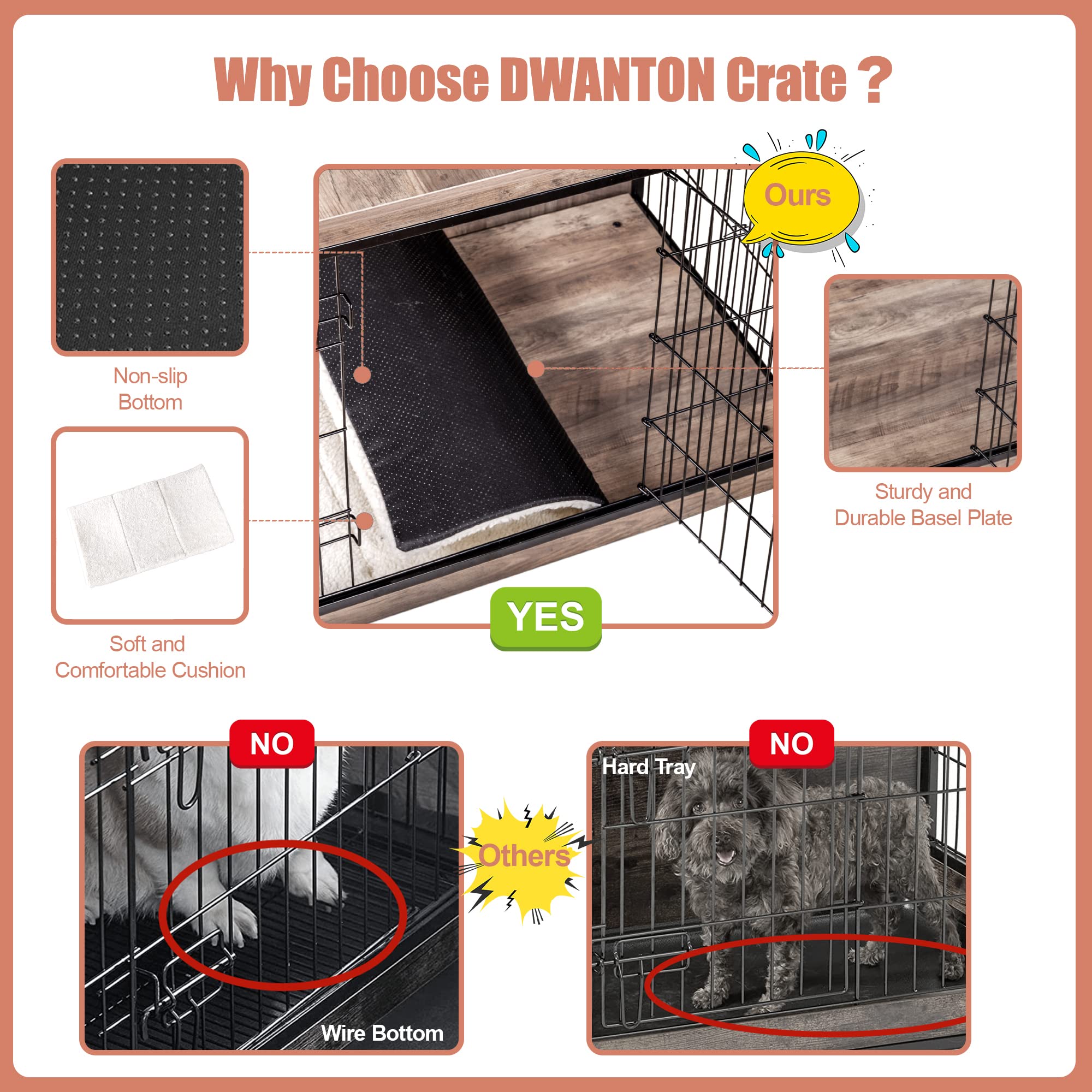 Dwanton Dog Crate Furniture With Cushion, Xl Wooden Dog Crate With Double Doors, Large Dog Crate Furniture, Dog Kennel Indoor, Dog House, Extra Large, 43.3' L, Greige