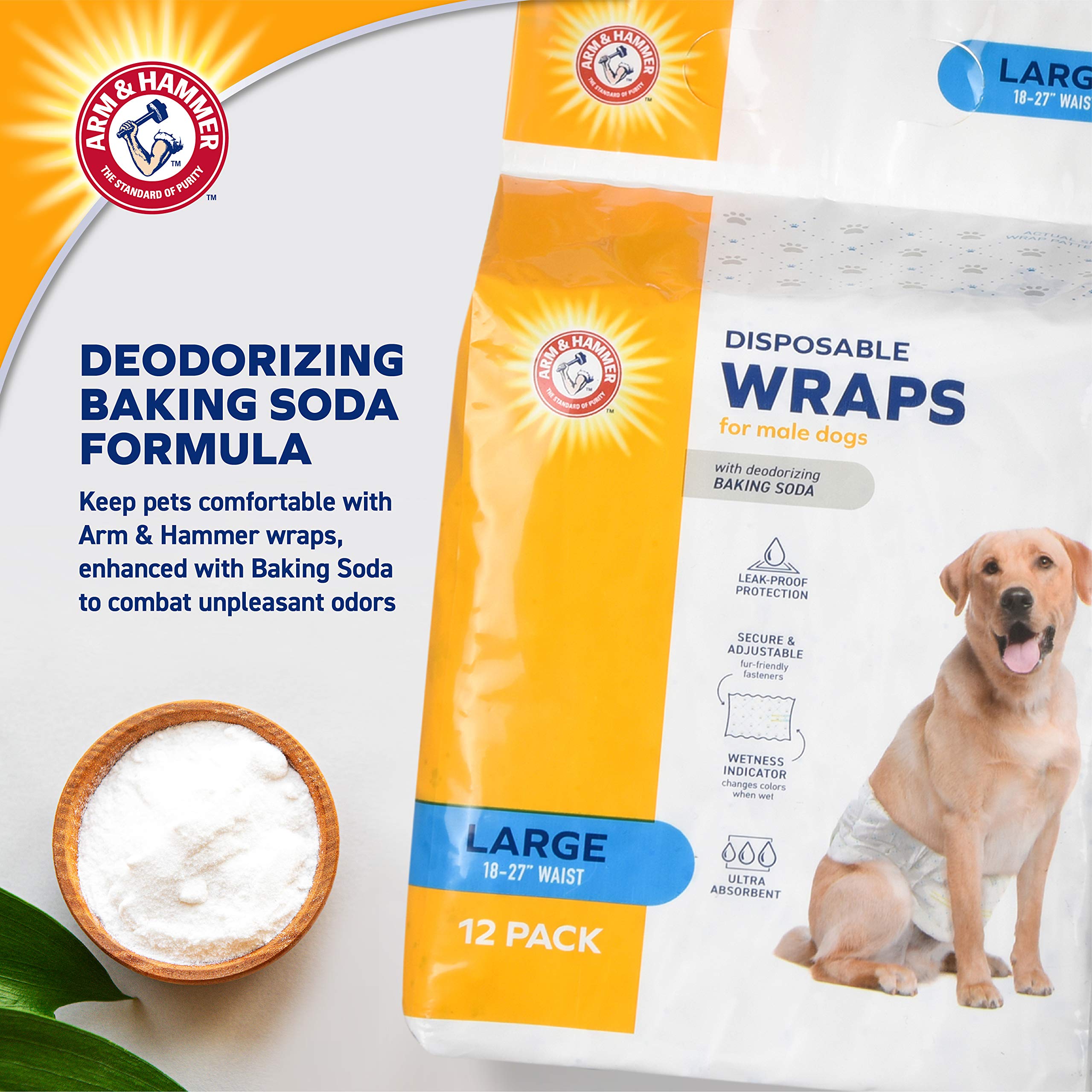 Arm & Hammer for Pets Male Dog Wraps, Size Large, 12 Count | Ultra-Absorbent, Adjustable Male Dog Diapers with Leak-Proof Protec