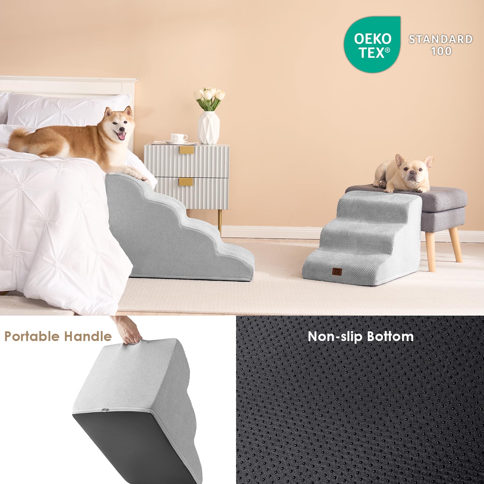 Eheyciga Curved Dog Stairs Ramp For High Beds 19.7' H, 4-Step Dog Steps For Small Dogs And Cats, Pet Stairs For High Bed Climbing, Non-Slip Balanced Pet Step Indoor, Light Grey
