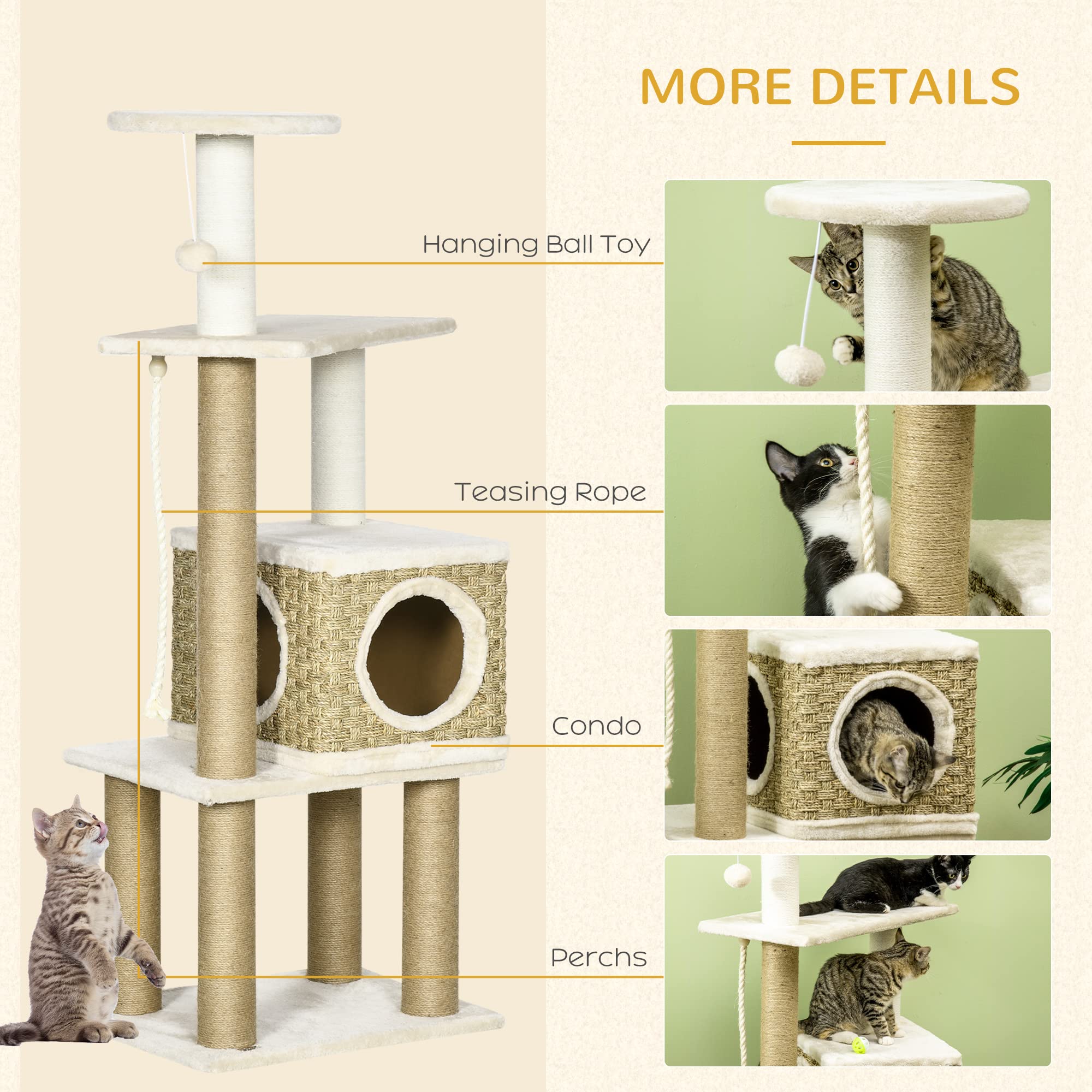 Pawhut Cat Tree Climbing Kitten Tower Activity Centre For Indoor Cats W/ Jute Scratching Post, Cat House, Kitten Stand, Hanging Toy Ball - Beige