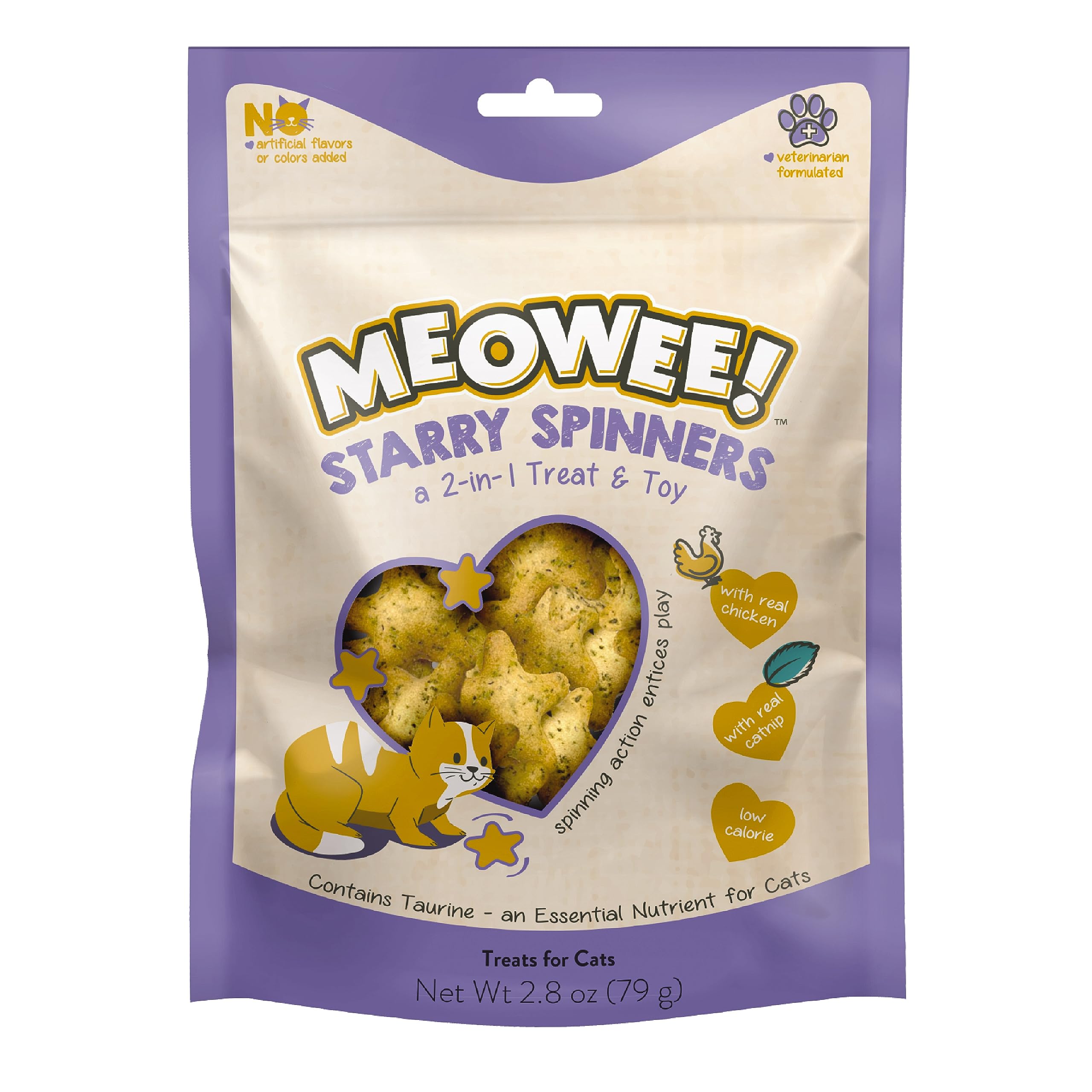 MEOWEE! Starry Spinners Cat Treat, 2.8 Ounce, 2-in-1 Treat & Toy Made with Real Chicken, Chicken Liver & Catnip, Encourages Play