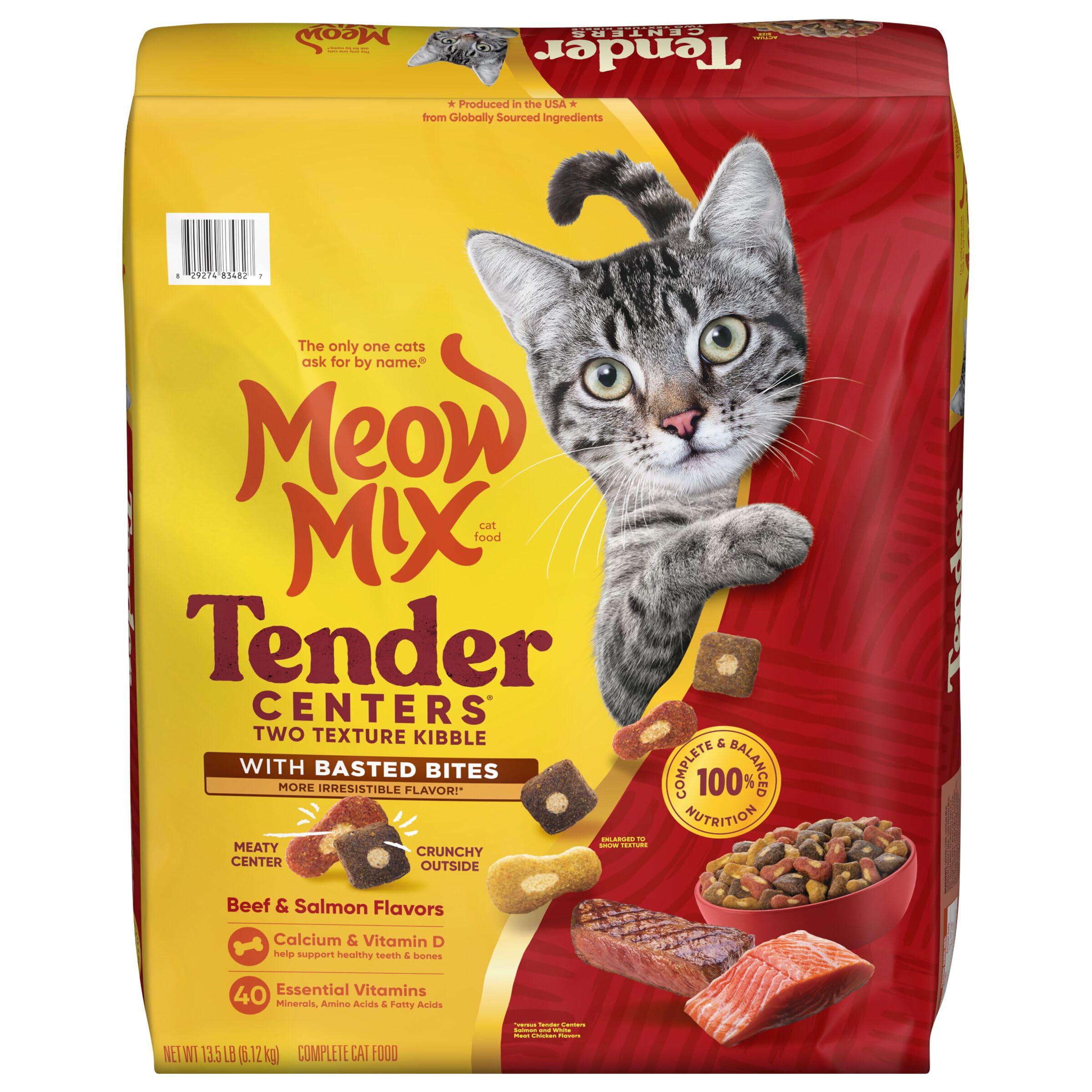 Meow Mix Tender Centers Basted Bites Dry Cat Food, Beef & Salmon Flavors, 13.5 Pound Bag