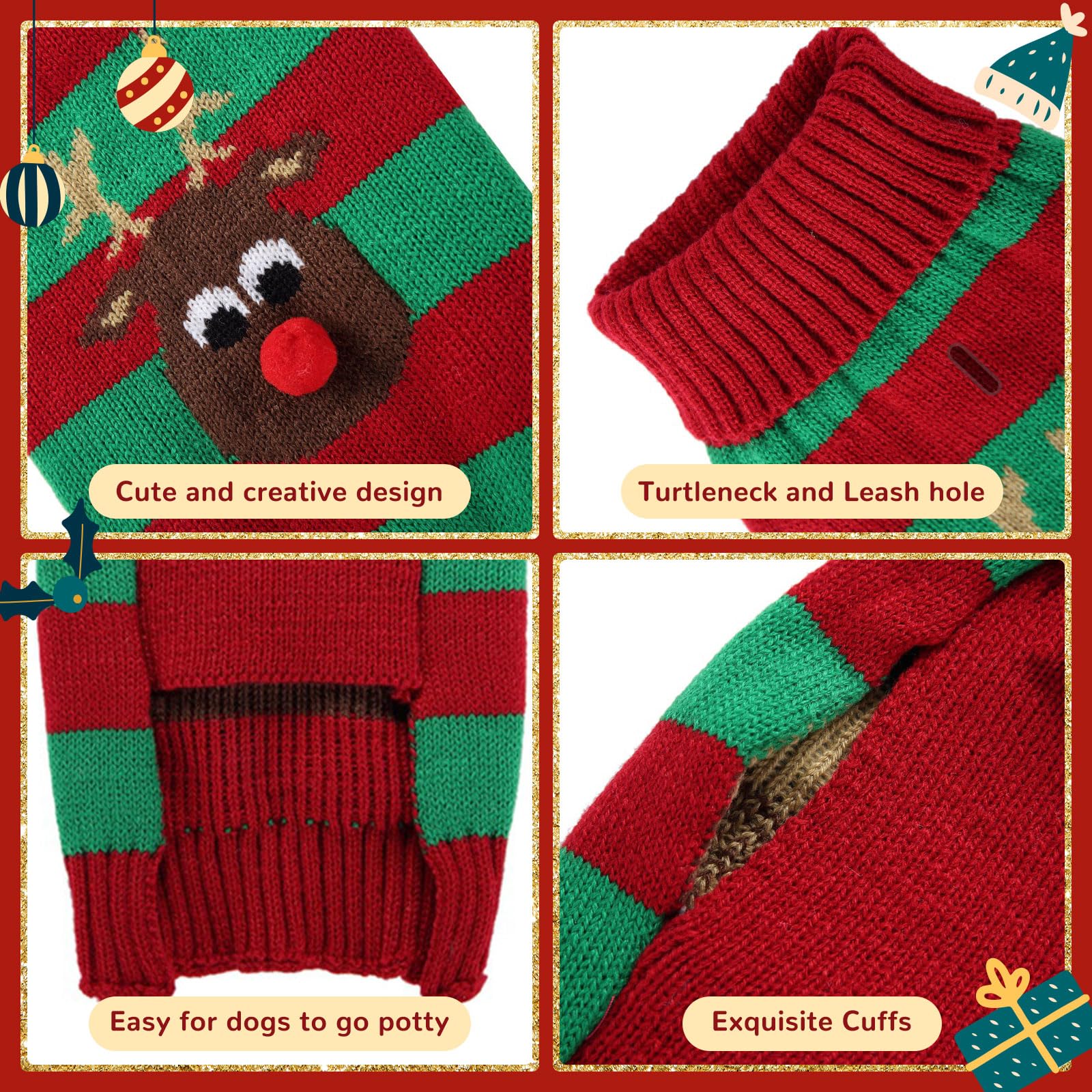 Axiijgl Small Dog Christmas Sweater - Reindeer Clothes For Dachshund, Chihuahua, Frenchie - Striped Soft Cat Sweater