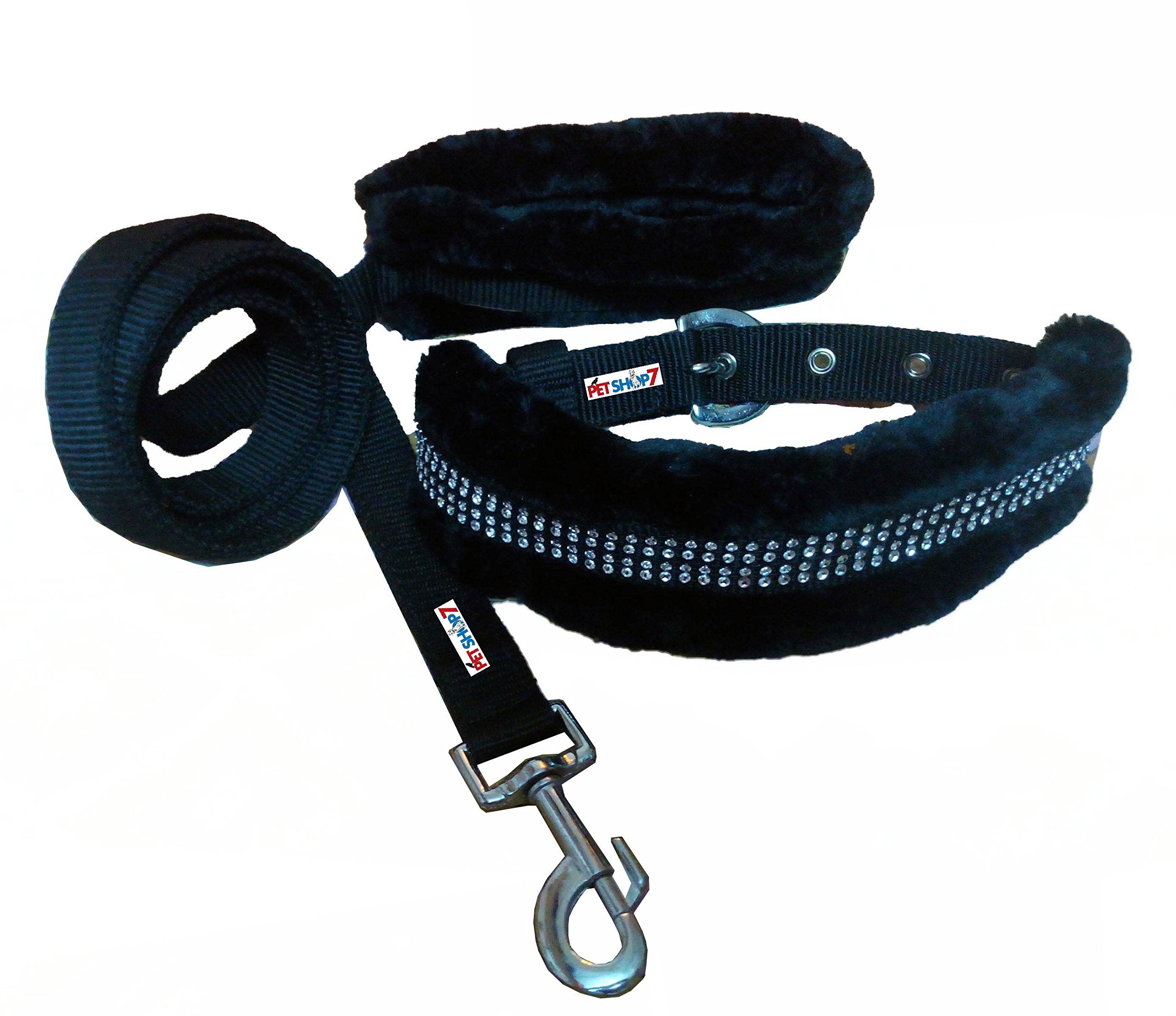 Petshop7 Nylon Nug Fur Padded Dog Collar & Dog Leash  Large (Adjustable Neck Size : 1620Inch) Black