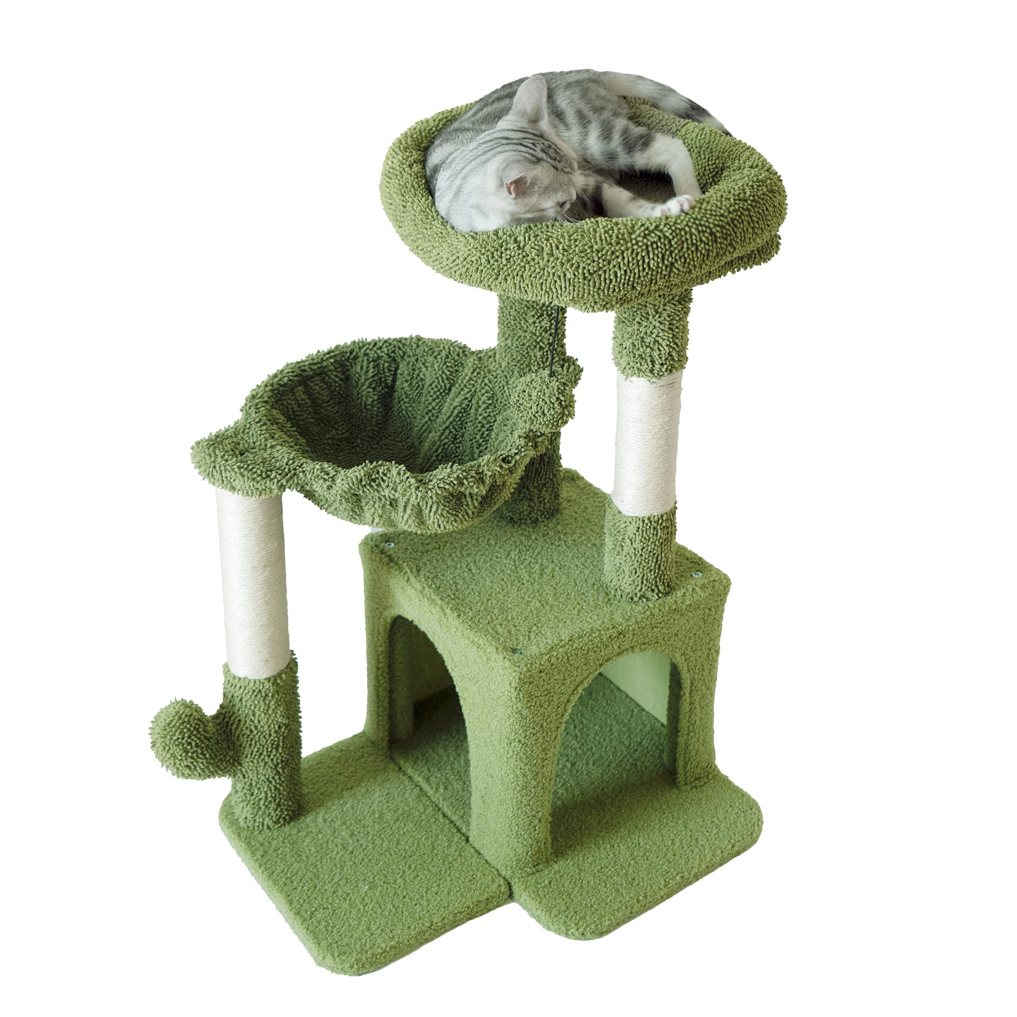 Pesofer Cactus Cat Tree, Small Cat Tower With Sisal Scratching Post And Hammock Green