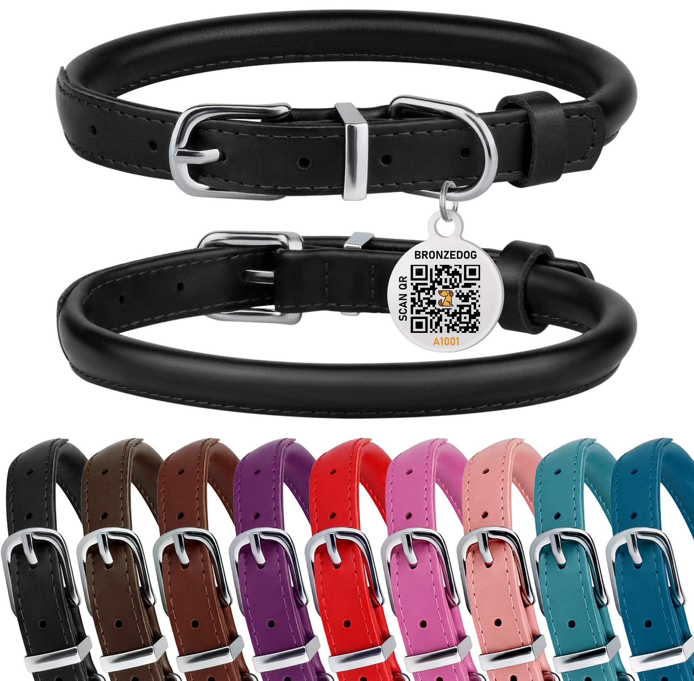 Bronzedog Rolled Leather Dog Collar For Small Medium Large Dogs With Qr Id Tag (L: 16-18 Inch, Glossy Black)