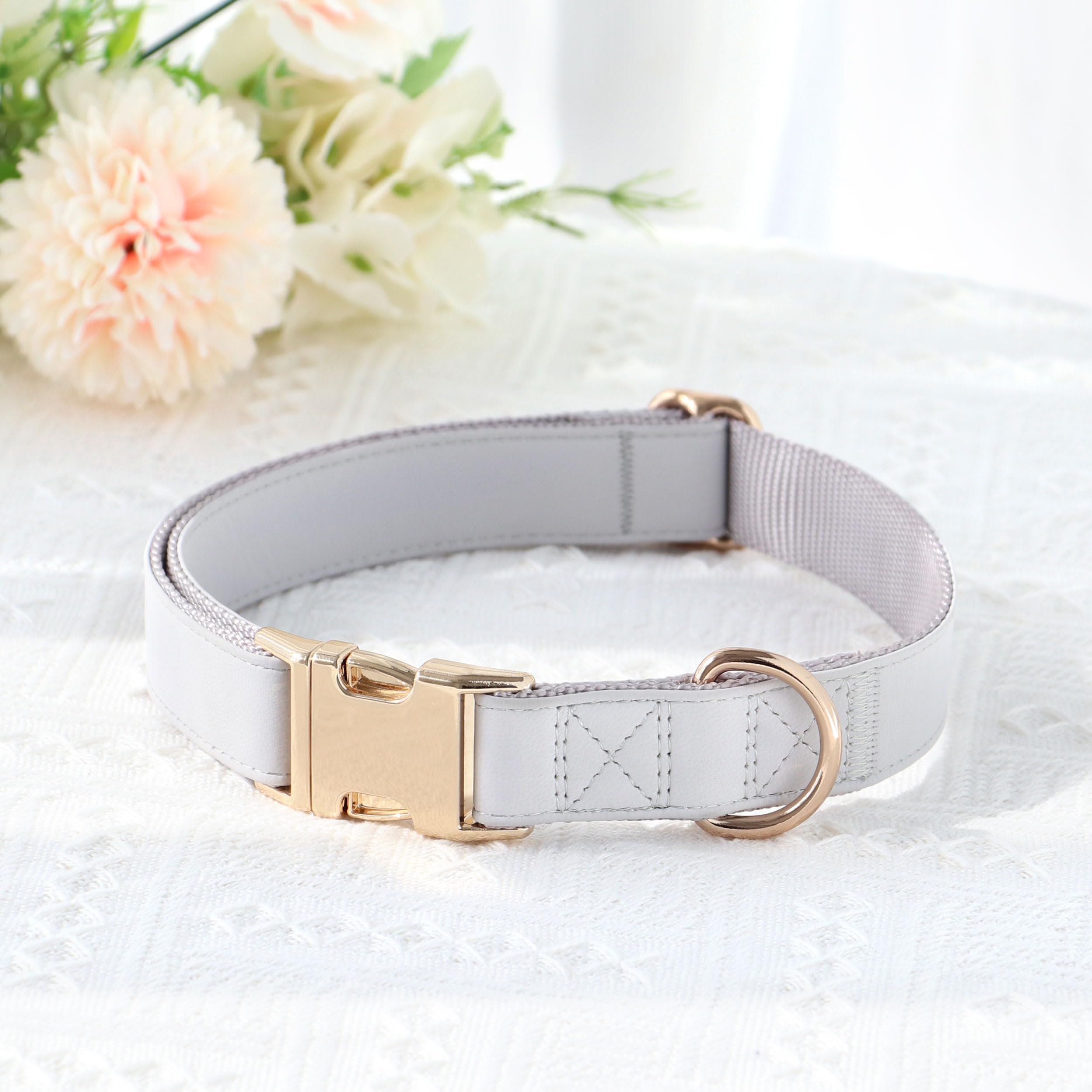 Pet Artist Charming Nylon Dog Collar With Leather Soft Comfy Elegant Nylon Collars For Dogs Small Medium Large 4 Bright Solid Color For Choosing Blue Red Brown Grey (Grey,Neck Fit 16-27'')