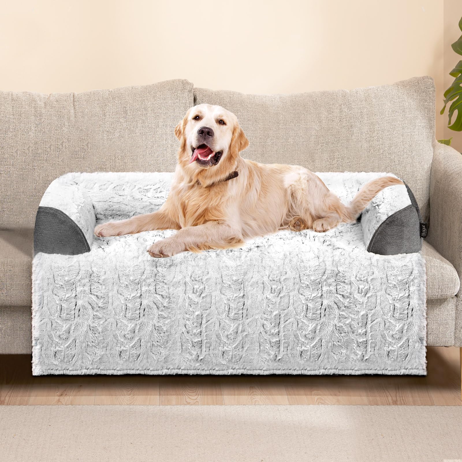 Blunique Calming Large Dog Bed For Couch, 41 X 37 Inch Removable Couch Cover For Dogs Washable, Non-Slip Fluffy Plush Dog Sofa Mat For Furniture Protector - Grey