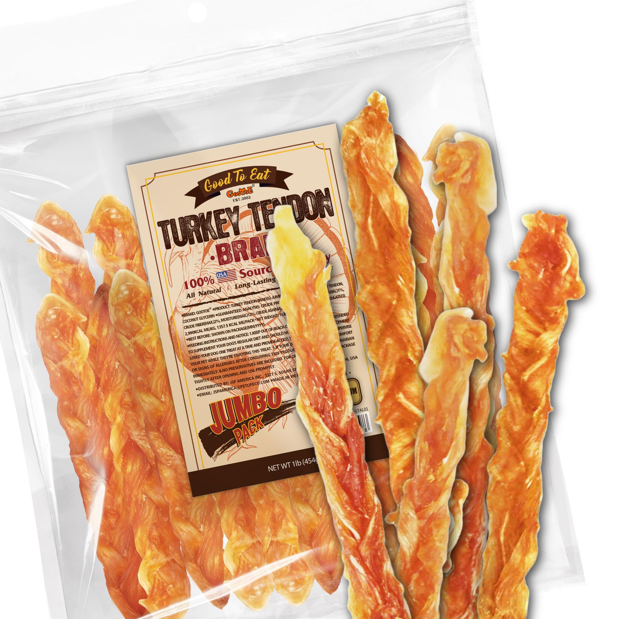 Gootoe Turkey Tendon Dog Treats, Braid (M) 1 lb, 100% USA Sourced Turkey, Natural Snack, Premium Puppy Chews, Hypoallergenic, Ra