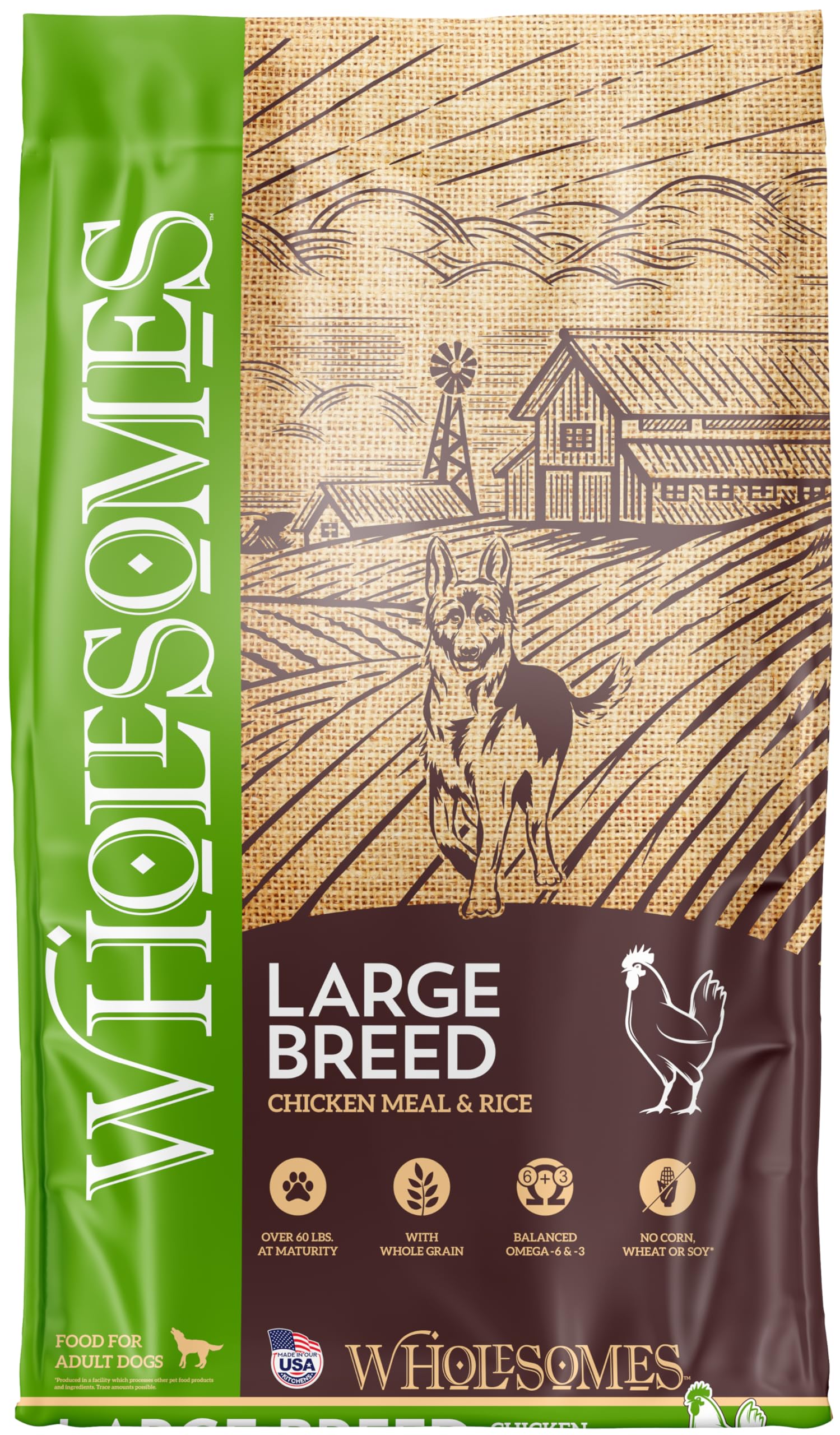 Wholesomes Large Breed Dry Dog Food, Chicken & Rice Adult Formula - High Protein & Easy Digestion, No Corn Wheat or Soy, Made in