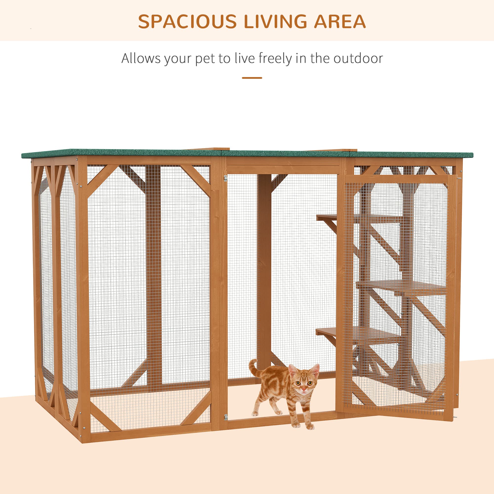 Pawhut Outdoor Cat House, Catio Wooden Feral Cat Shelter, Cat Cage With Platforms, Large Enter Door, Weather Protection Asphalt Roof, 71' L, Orange
