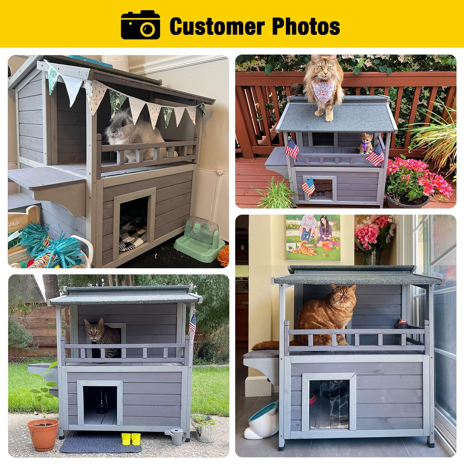 Aivituvin Outdoor Feral Cat House Wooden Kitty Shelter With Large Balcony,Escape Door,Waterproof