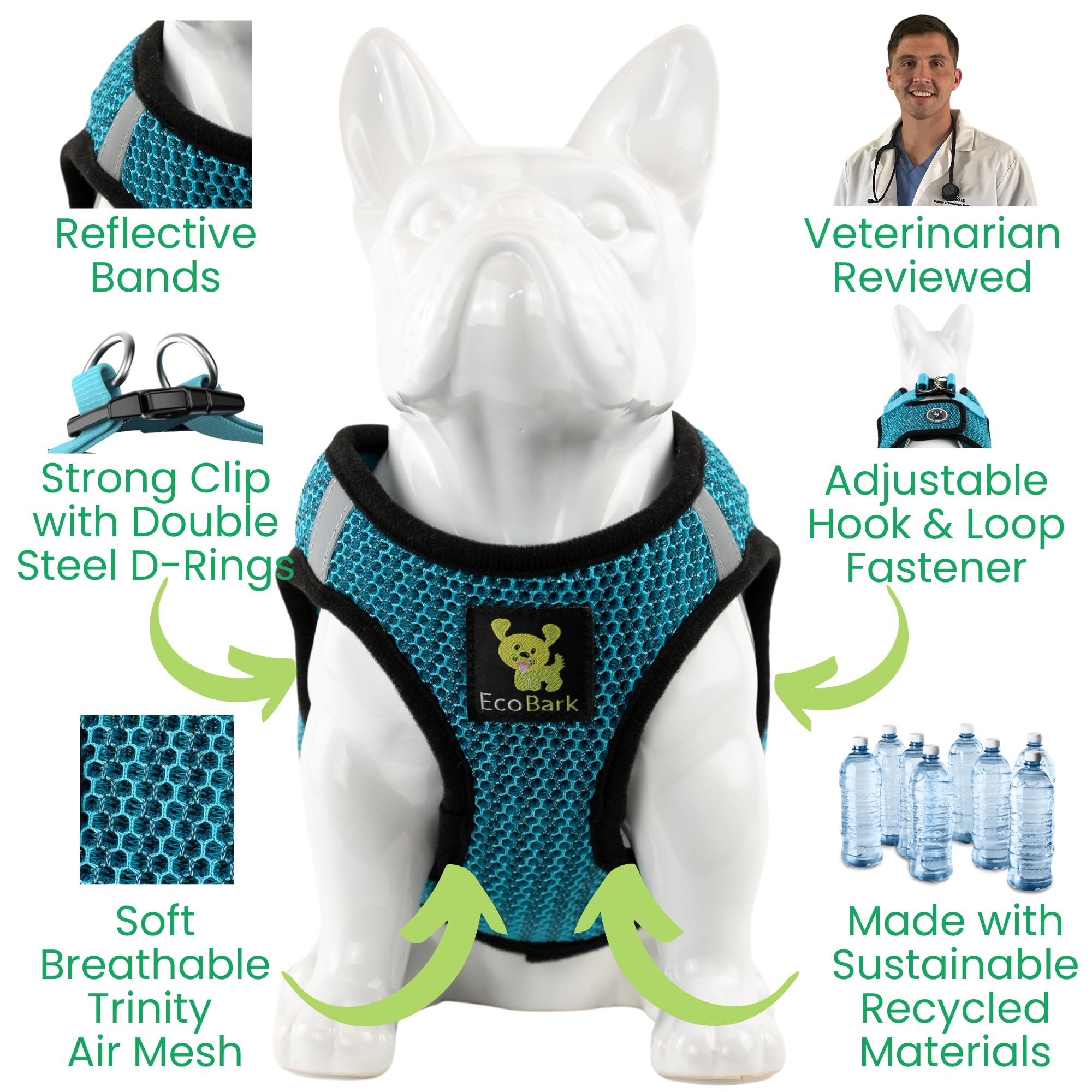 Ecobark Step In Dog Harness - Eco-Friendly Small Breed Dog Harnesses For Small And Medium Breed Dogs - Reflective And Adjustable Body Halter Vest - Soft Mesh Toy Breed Harness (Aqua Sport, Large)