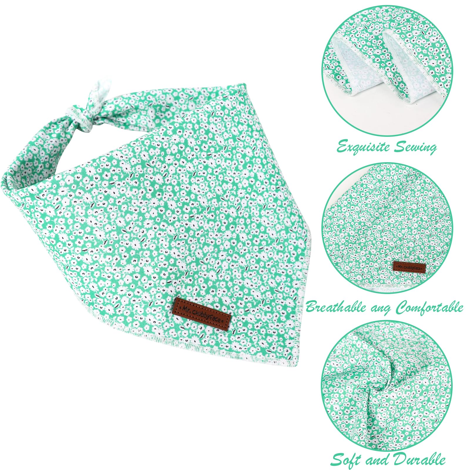 Mr. Chubbyface Green Wildflower Striped Dog Bandanas Reversible Triangle Bibs Scarf Accessories For Dogs Cats Pets S