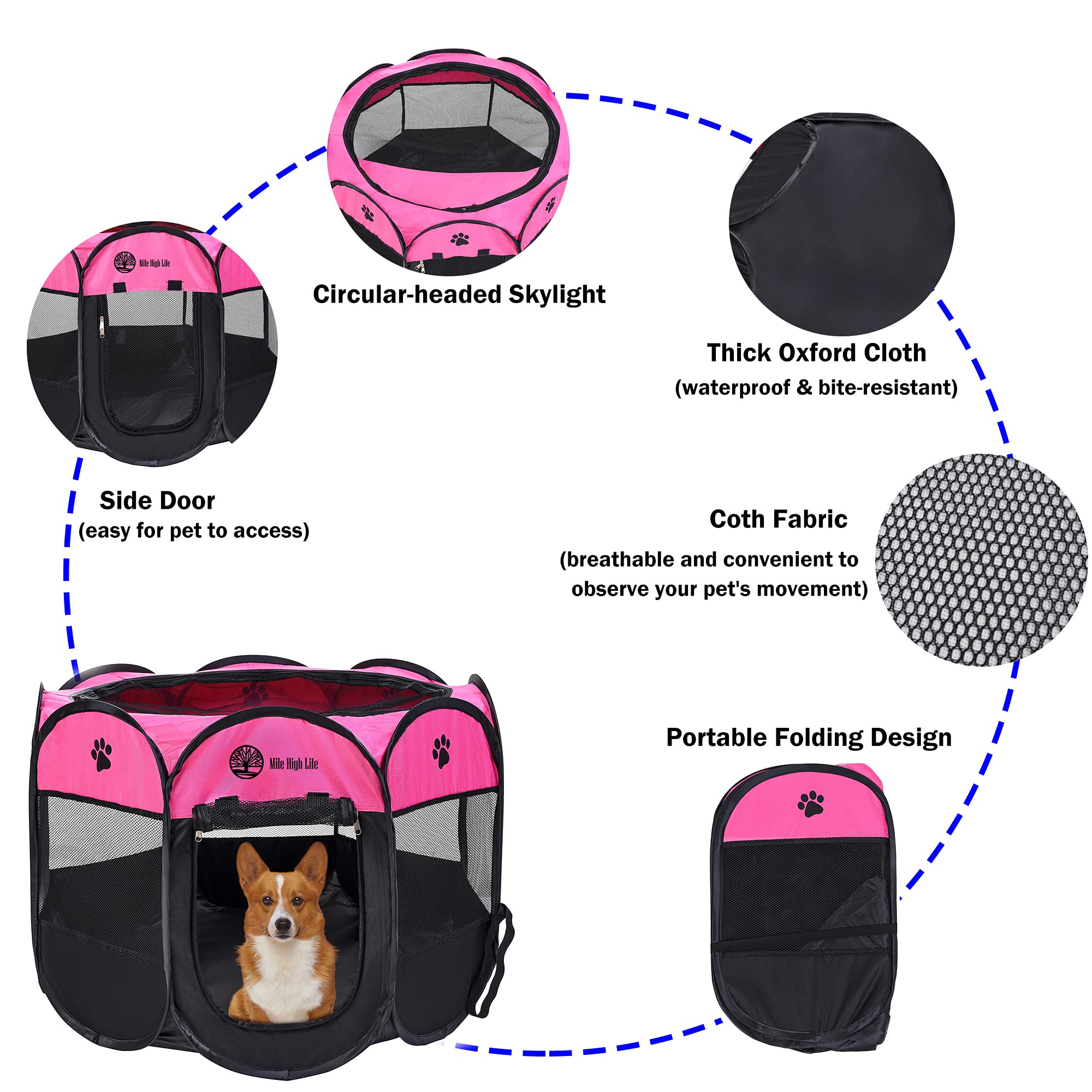 Mile High Life | Foldable Dog Playpen | Portable Dog Crate W Removable Shade Cover | Dog Kennel Indoor/Outdoor W Carry Case | Pen Tent For Dog/Cat/Rabbit(Hot Pink, Medium (36'X36'X23'))