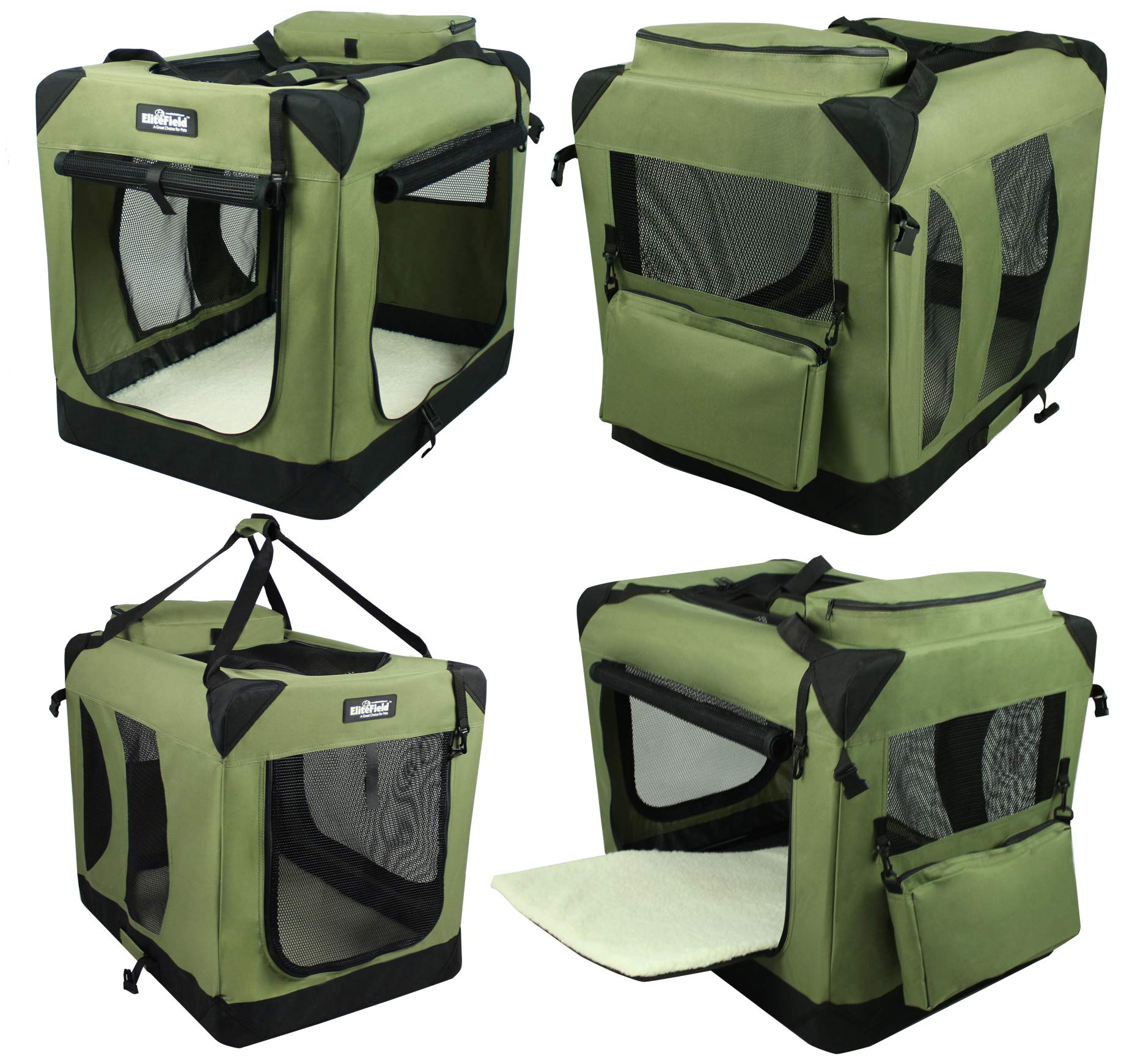 Elitefield 3-Door Folding Soft Dog Crate With Carrying Bag And Fleece Bed (2 Year Warranty), Indoor & Outdoor Pet Home (30' L X 21' W X 24' H, Sage Green)