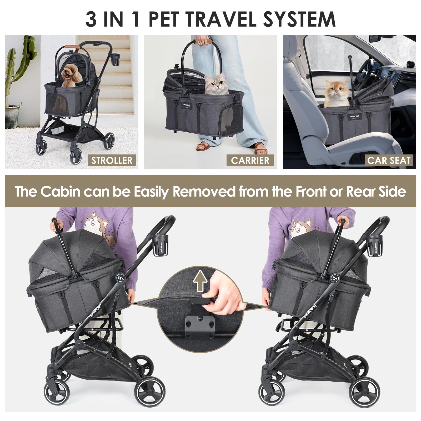 BEBEROAD PETS T3 3-in-1 Pet Stroller for Dogs & Cats, Black, Detachable Carrier, Canopy & Cup Holder