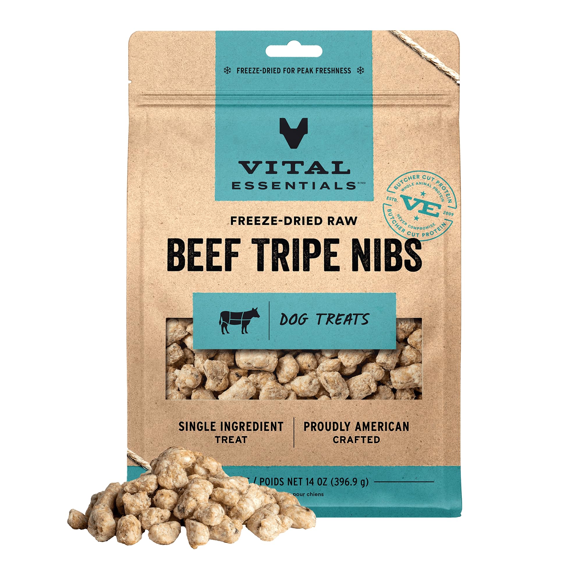 Vital Essentials Beef Tripe Nibs Dog Treats, 14 oz | Freeze-Dried Raw | Single Protein | Premium Quality High Protein Training T
