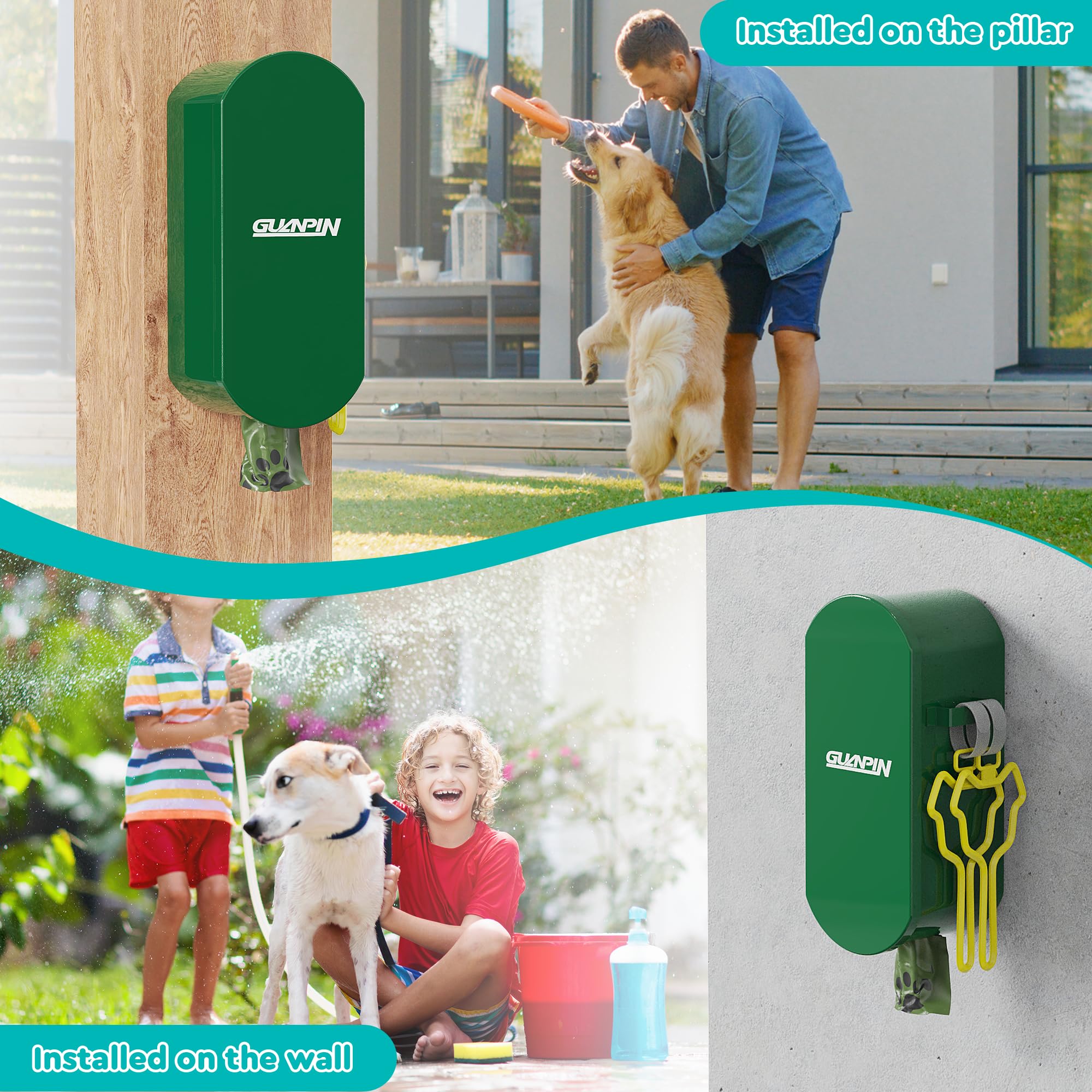 Guanpin Dog Poop Bag Dispenser Wall Mount, Magnetic Closure, High Capacity, Green, 1 Count, Metal, Corrosion-Resistant, Model GH-LD422G