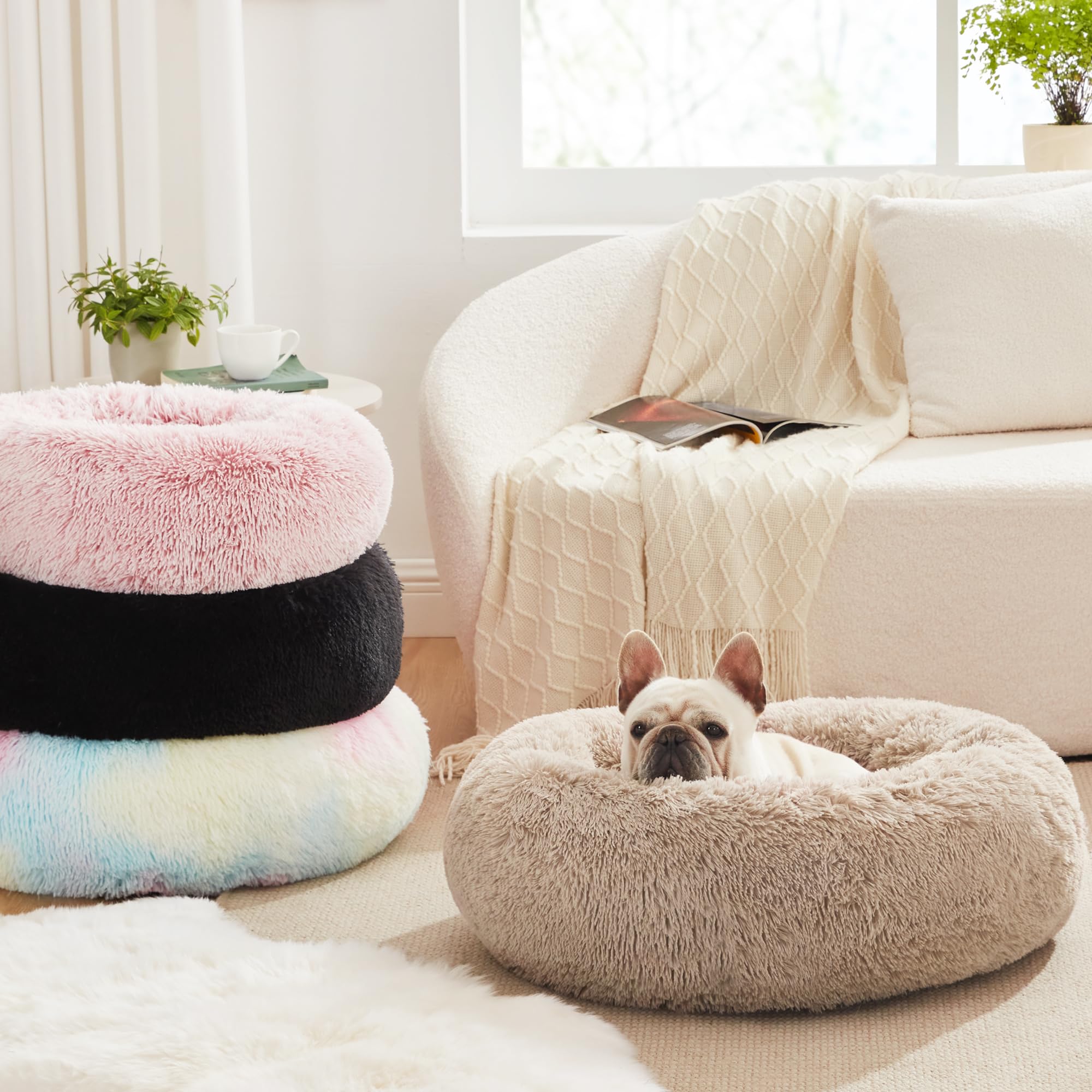 Love'S Cabin Calming Dog & Cat Bed, Anti-Anxiety Donut Round For Indoor Cats, Small Medium Dogs, Fluffy Warming Pet Bed, Beige T