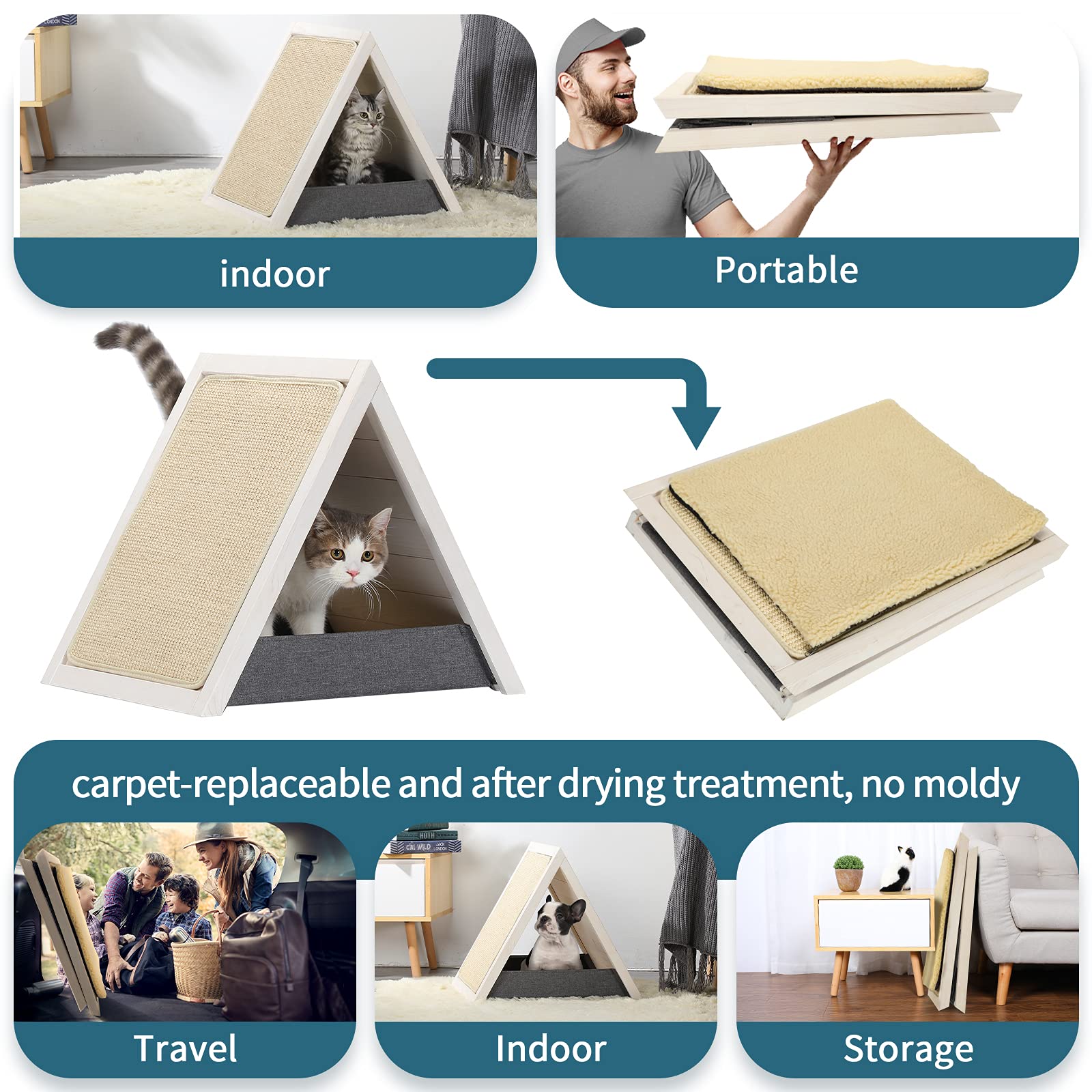 Cat Scratcher Lounge Thicken Solid Wood, Triangle Cats House, Cat Scratching Post For Indoor Cats As Cave And Bed