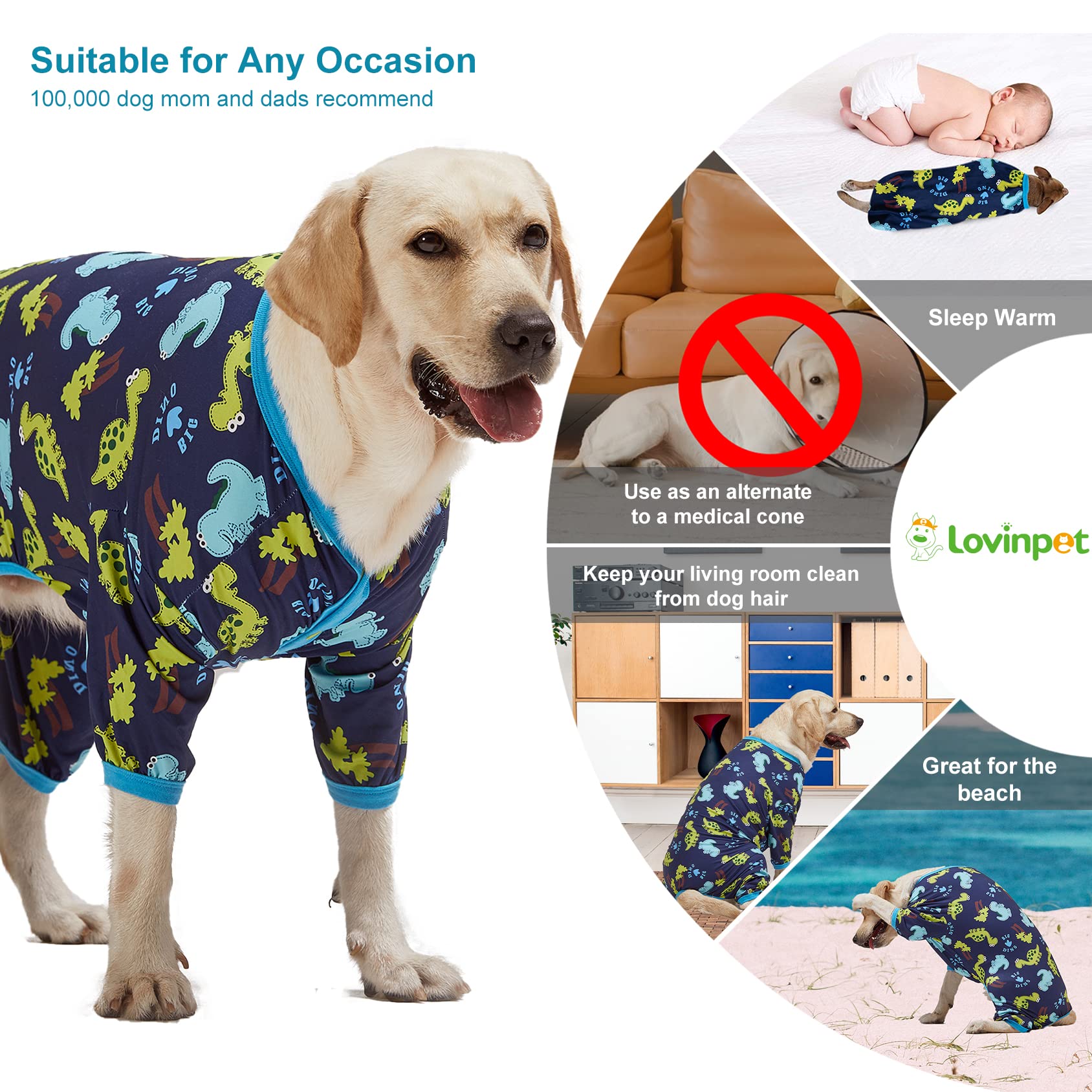 Lovinpet Dog Clothing For Large Dogs: Dinosaur In The Jungle Print, Lightweight Stretchy Knit Pullover Puppy Pajamas, Big Dog On